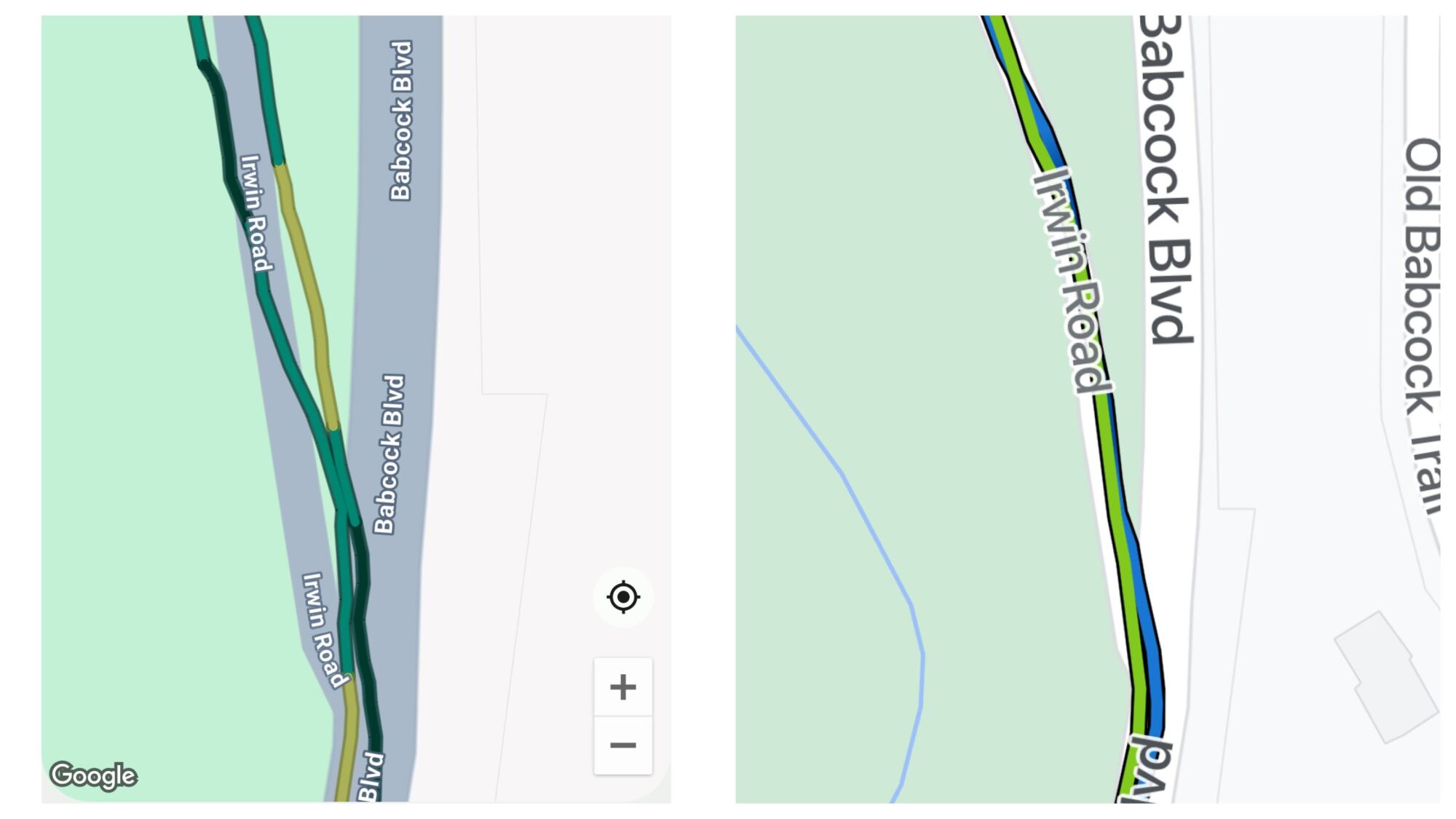 Parcours de course sur la même route, deux cartes. La version Pixel a des lignes vacillantes qui ne restent pas sur la route.