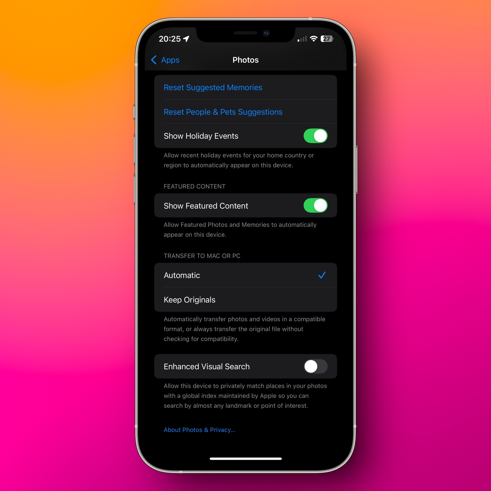 Désactivation de la recherche visuelle améliorée sur iPhone.