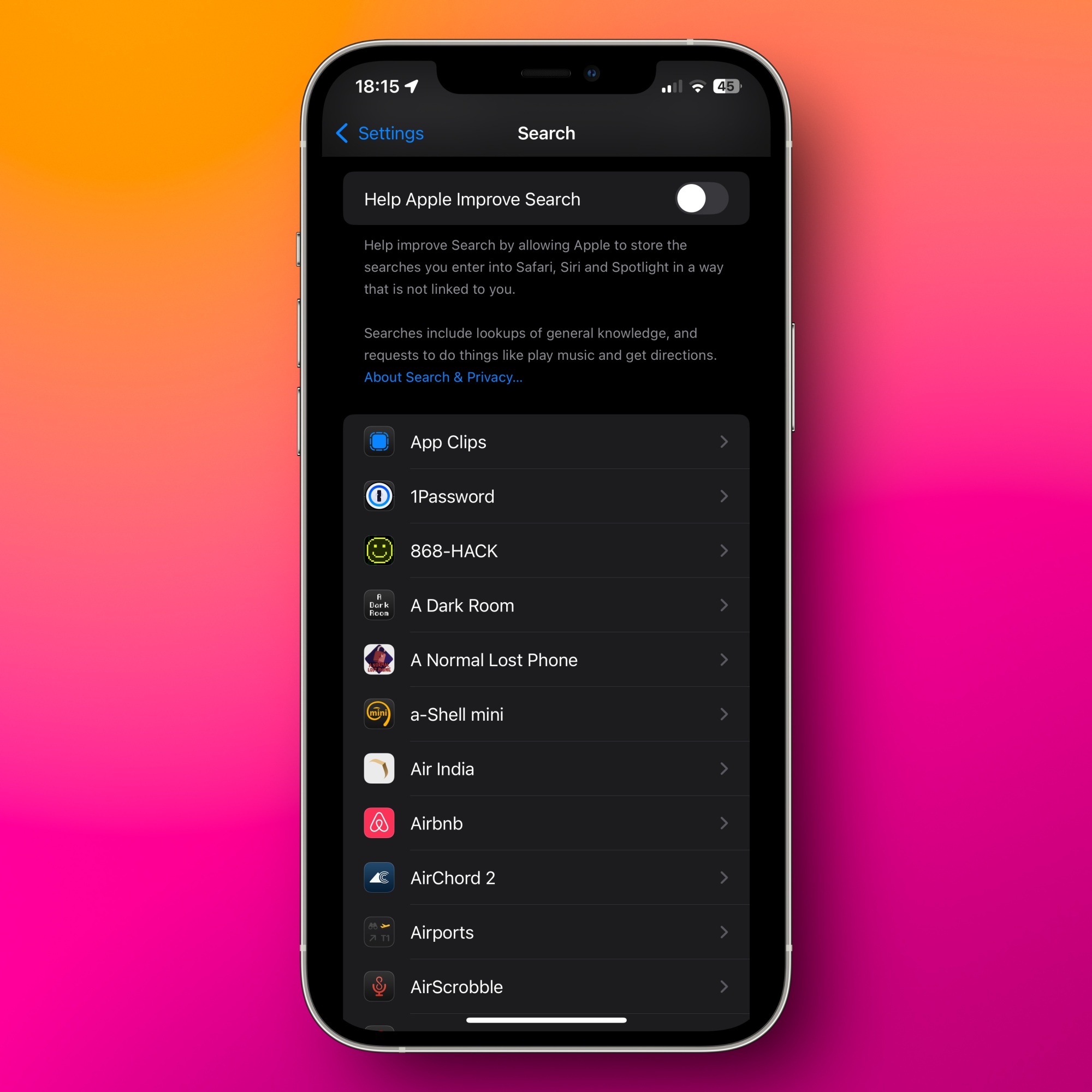 Désactivation de l'aide à Apple pour améliorer la recherche sur un iPhone.