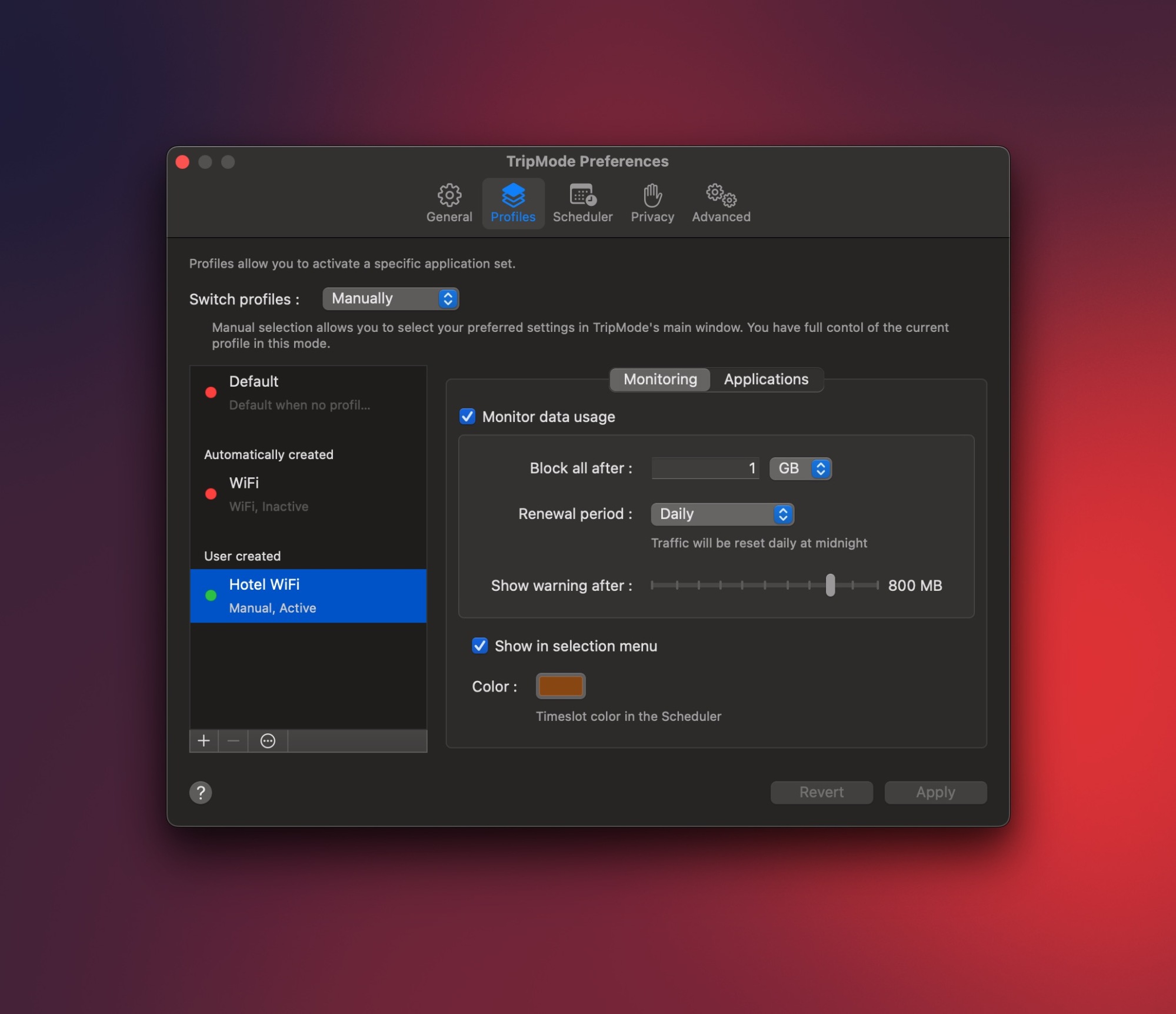 Page des paramètres de Tripmode, montrant l'option de configurer plusieurs profils pour restreindre l'utilisation des données.
