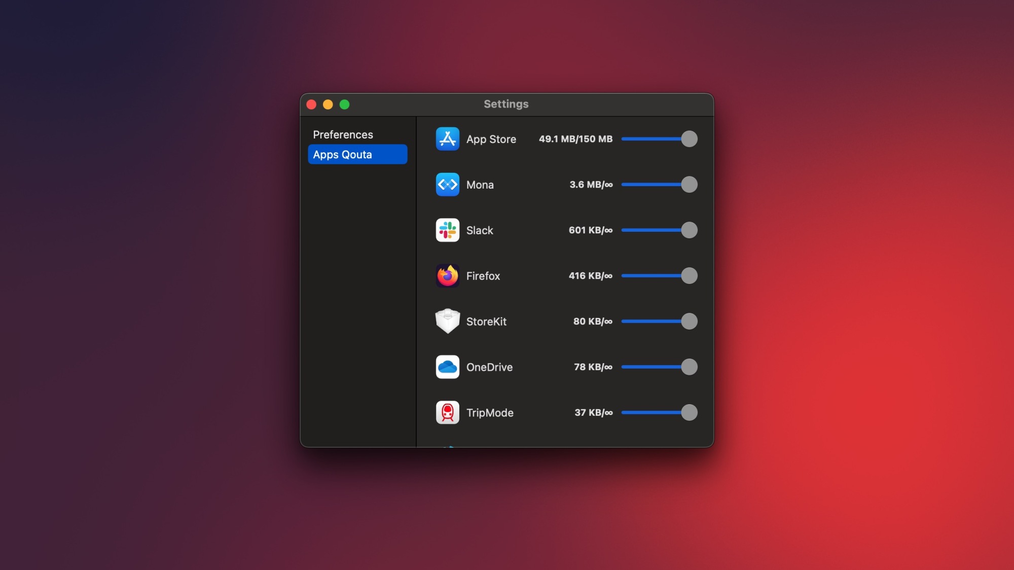 Page des paramètres de Datacever, où vous pouvez utiliser des curseurs pour restreindre l'utilisation des données de chaque application.