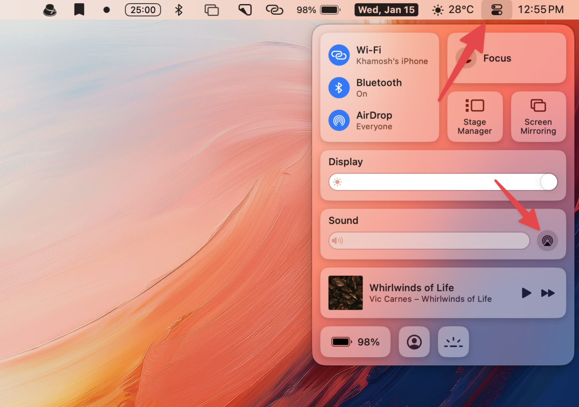 Ouverture du menu Son dans le Centre de contrôle pour Mac.