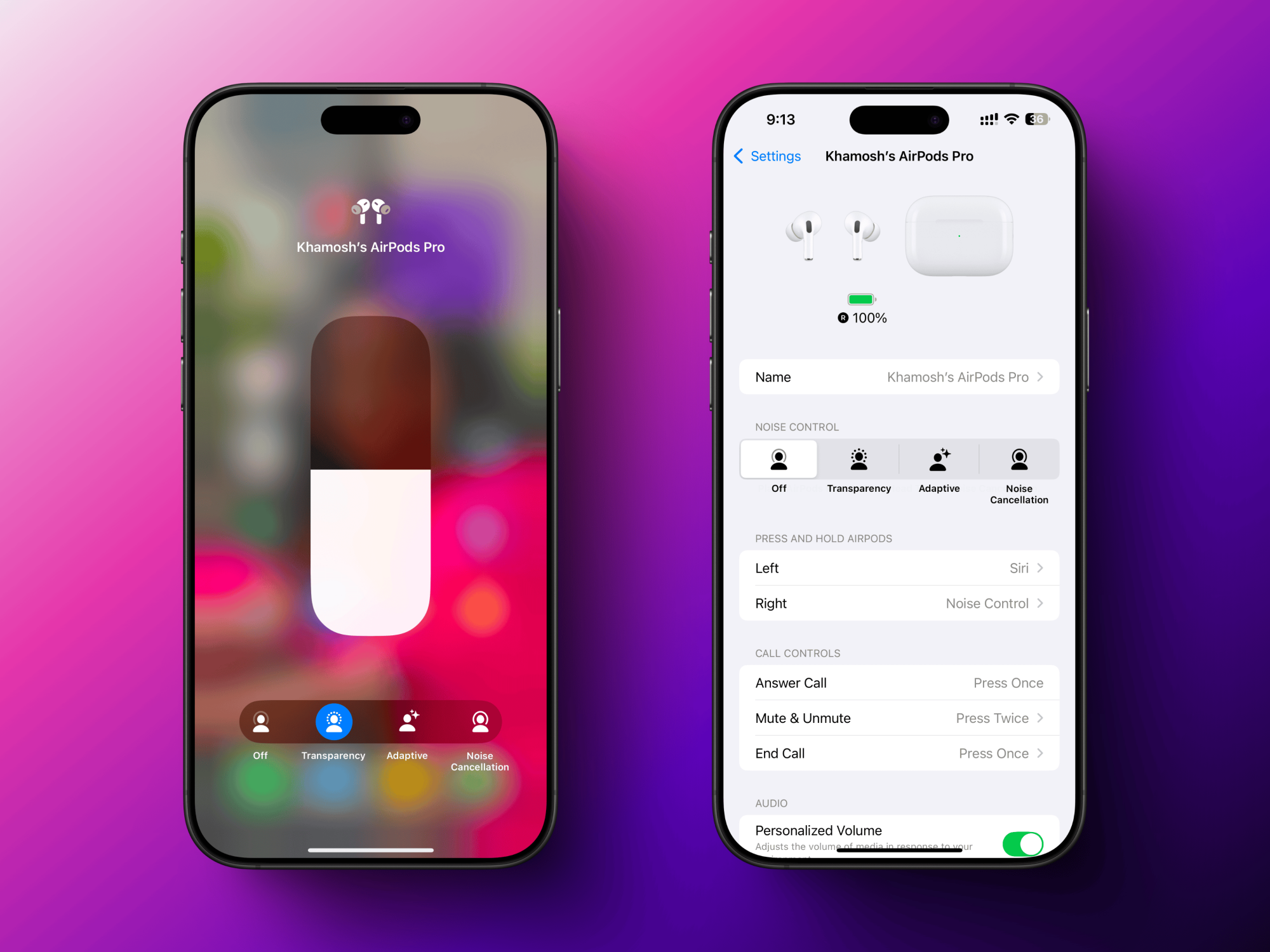 Bouton Off ajouté au menu d'annulation de bruit des AirPods.