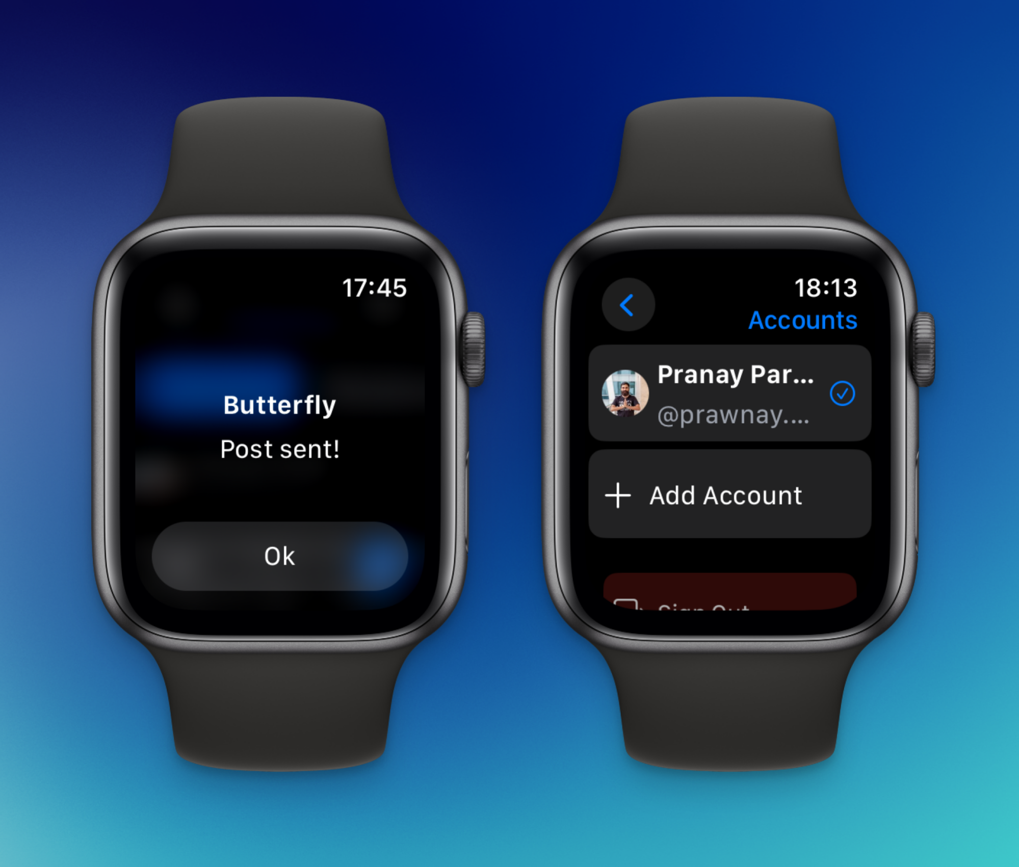 Deux captures d'écran de Butterfly sur Apple Watch, montrant l'onglet des comptes et la vue des publications envoyées.