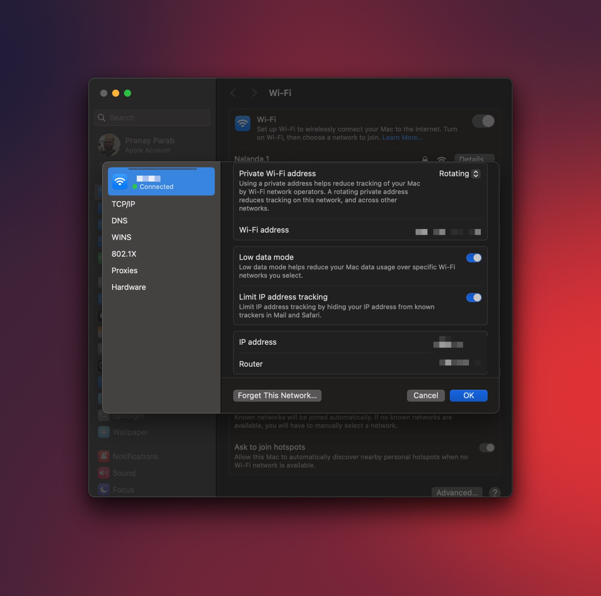 Page de paramètres du Mac montrant l'option Mode Basse Consommation sur les réseaux Wi-Fi.