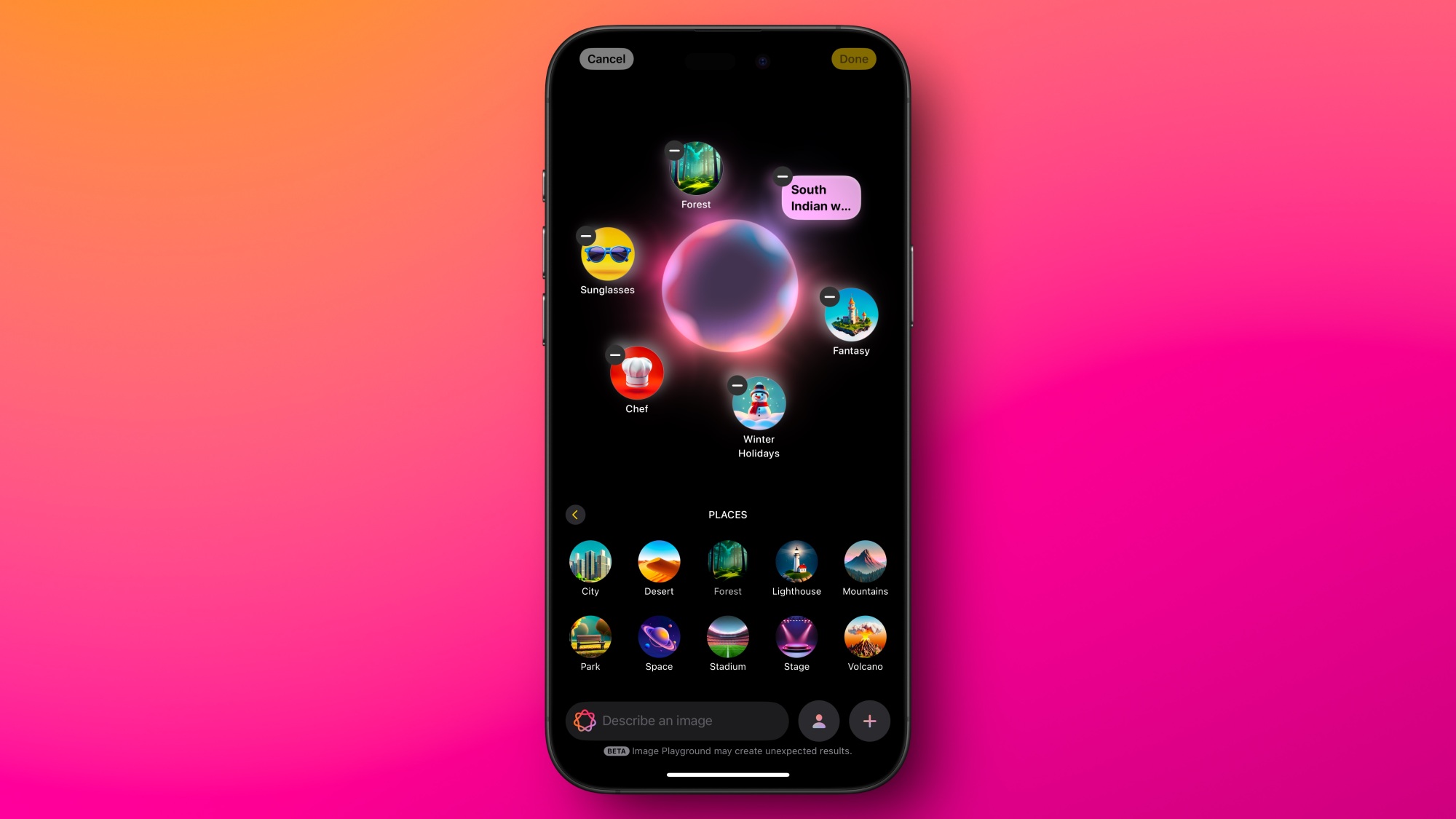 L'application Image Playground dans iOS 18.2, montrant un ensemble de prompts dans une mise en page circulaire.