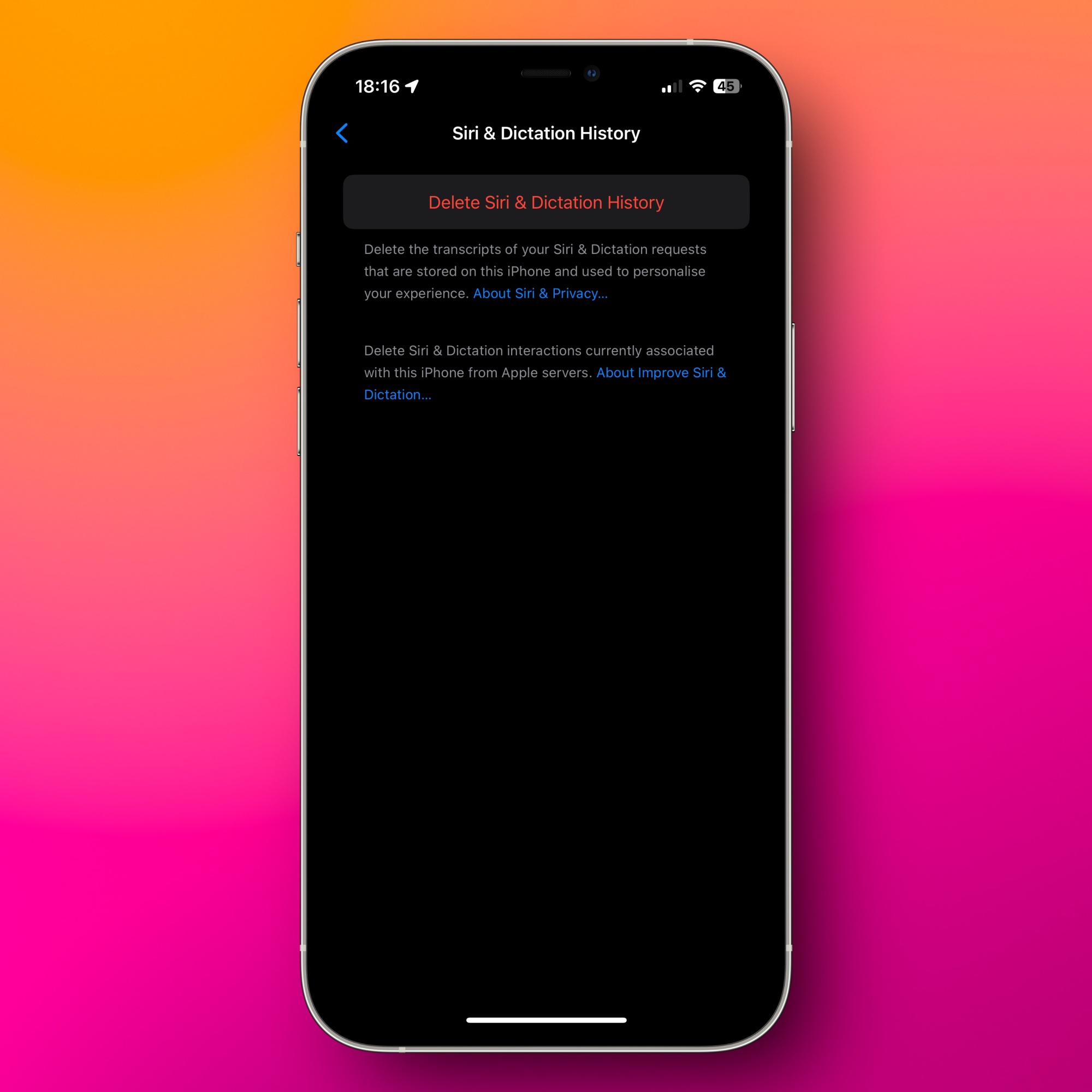 Désactivation de l'historique de Siri et de dictée sur un iPhone.