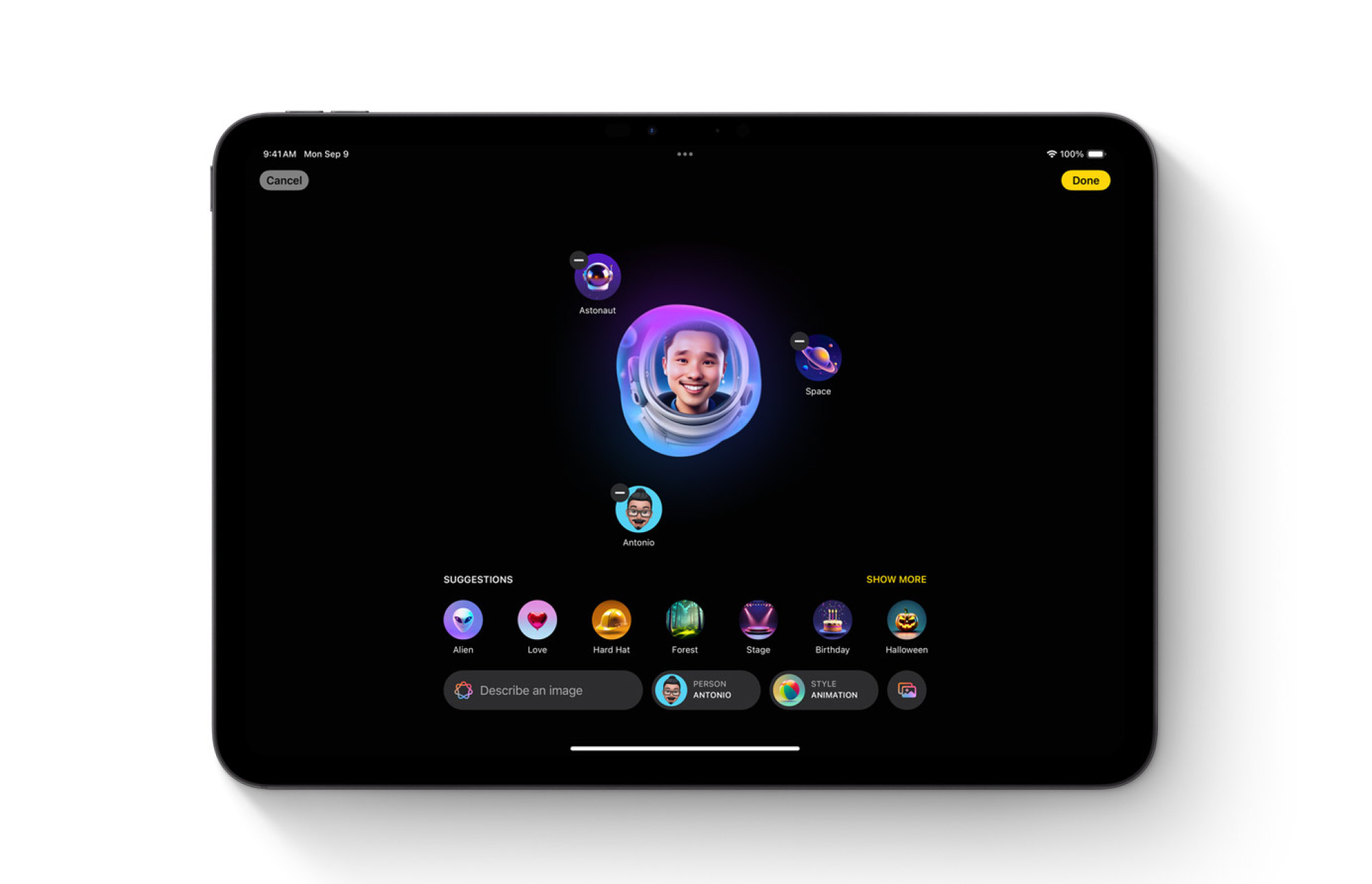 Génération d'images avec Image Playground sur iPad.