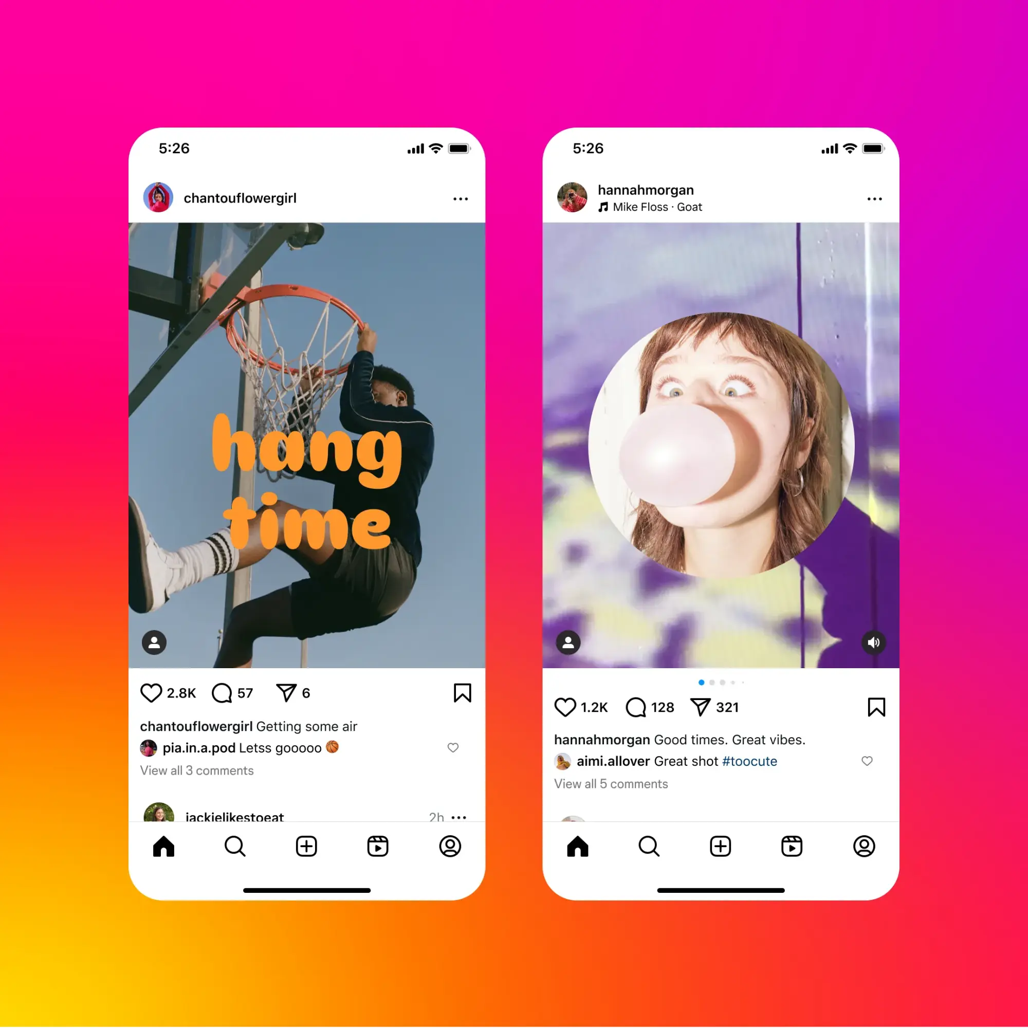 deux publications Instagram, l'une avec un texte stylisé 'hang time' superposé, l'autre avec un autocollant placé sur la publication