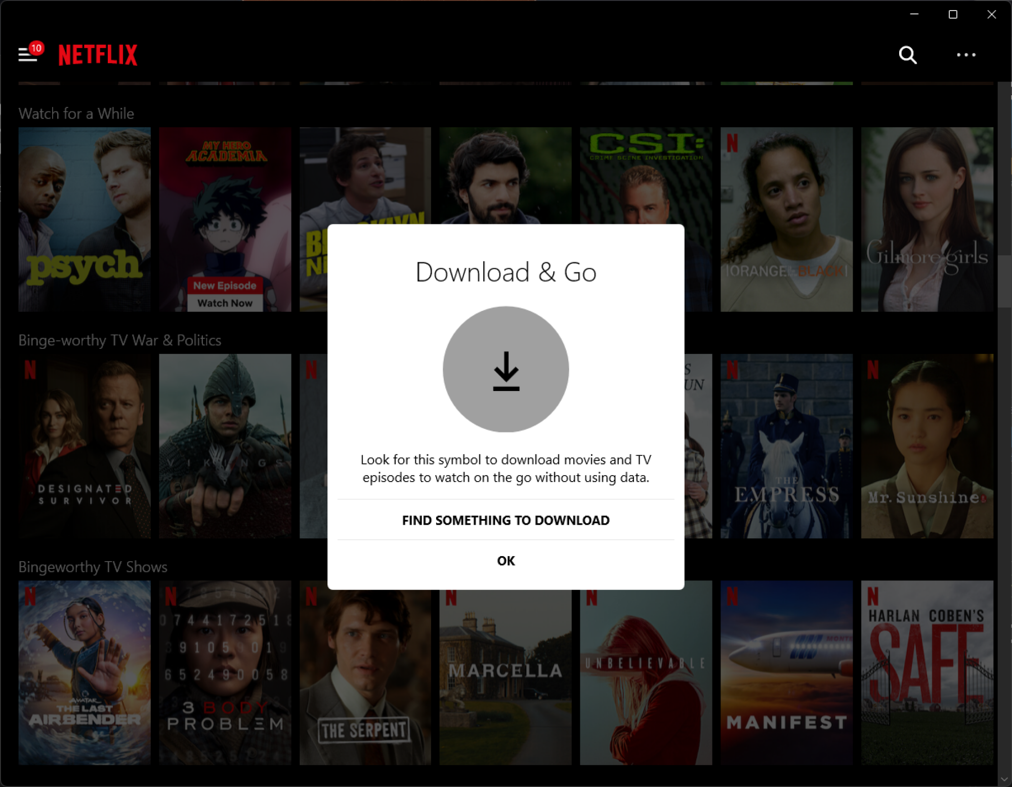 Une capture d'écran de Netflix pour Windows avec un pop-up informant les utilisateurs sur la fonction de téléchargement.