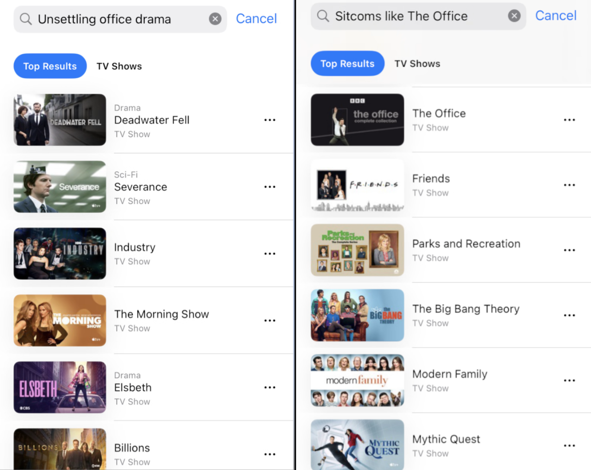 Deux captures d'écran des résultats de recherche sur iPhone. La première, 'drame de bureau troublant', commence par 'deadwater fell' et 'severance'. La seconde, comme une version britannique de l'émission, inclut 'friends', 'parks recreation', 'big bang theory'.