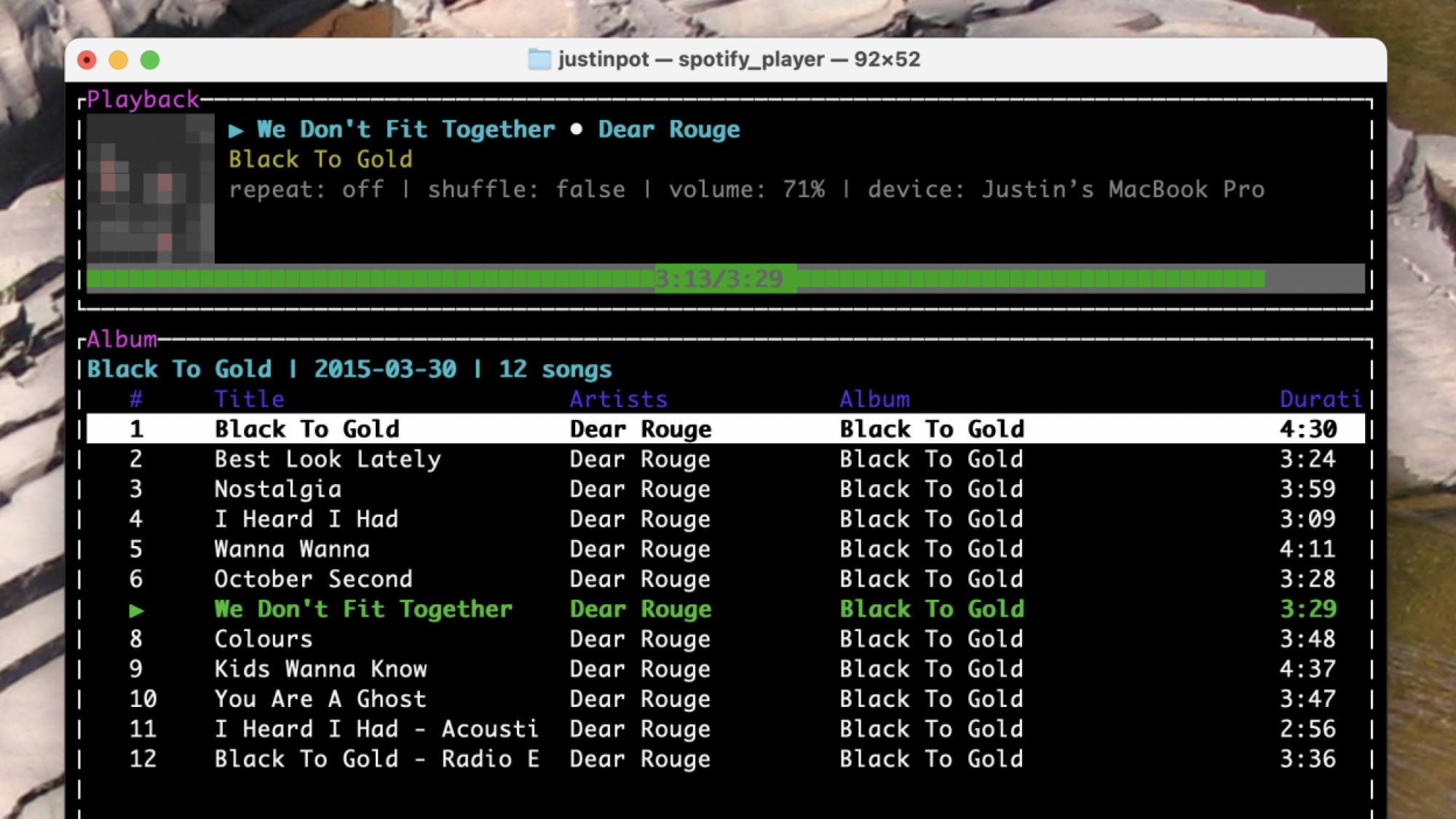 Une capture d'écran de spotify-player, fonctionnant dans le terminal Mac, jouant l'album Black to Gold de Rural Alberta Advantage