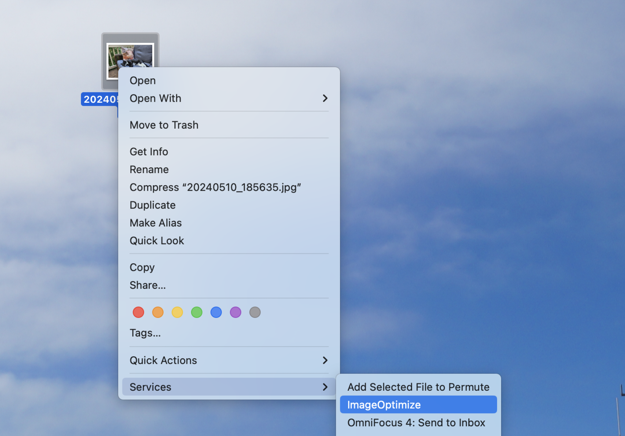 ImageOptim dans le menu Services.