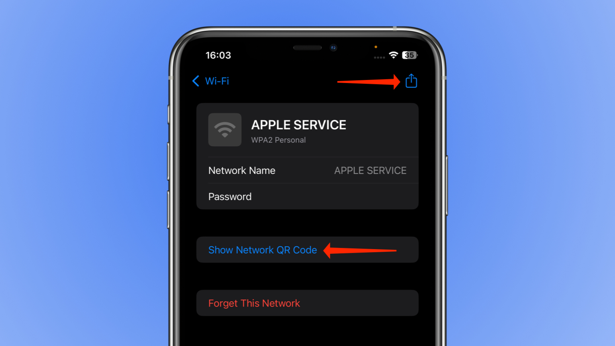 Un réseau wifi enregistré dans l'application Mots de passe d'iOS 18. Une flèche pointe vers le bouton Afficher le code QR du réseau et une seconde flèche pointe vers le bouton Partager dans le coin supérieur droit.