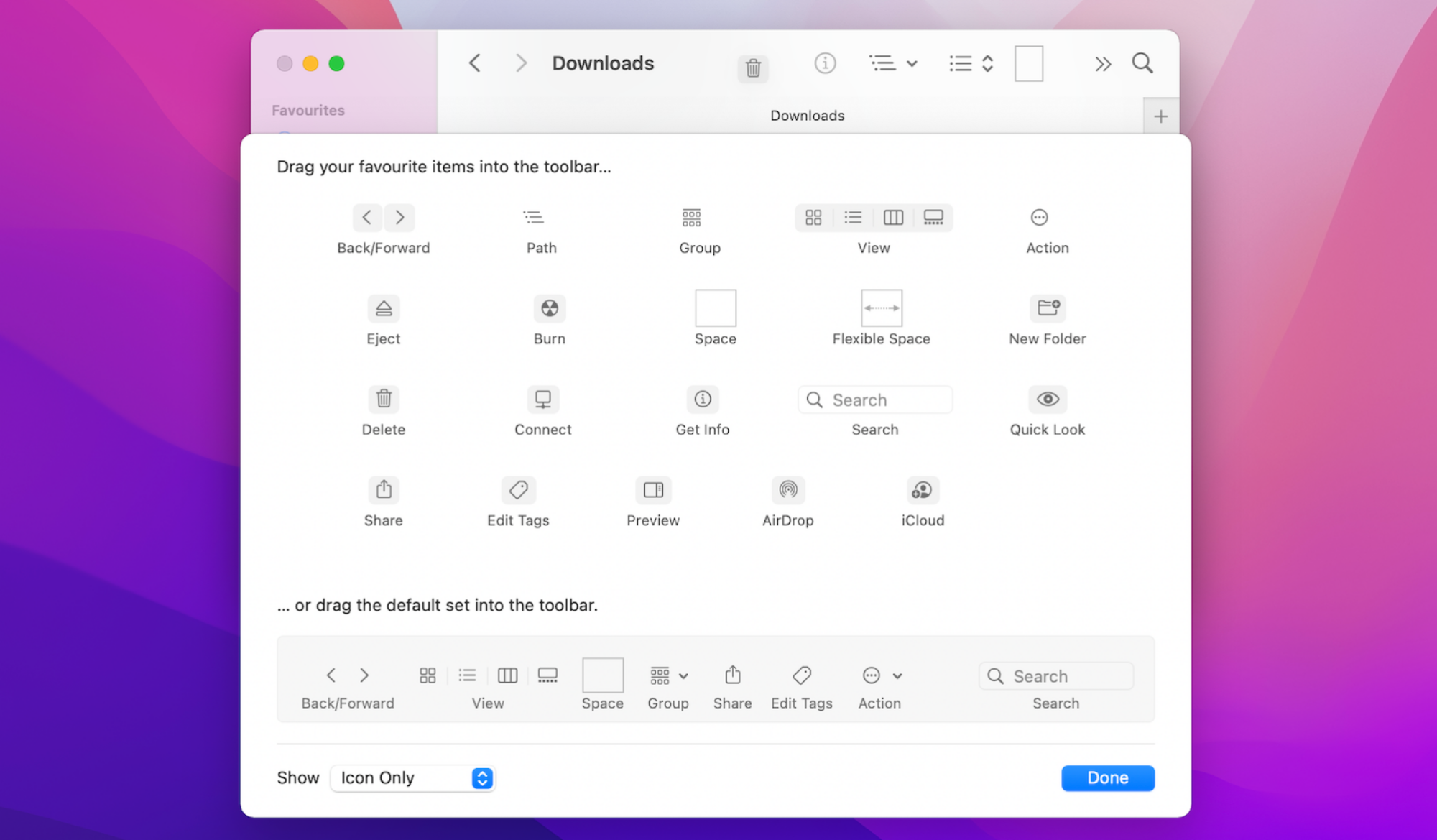 Personnalisation de la barre d'outils de Finder.