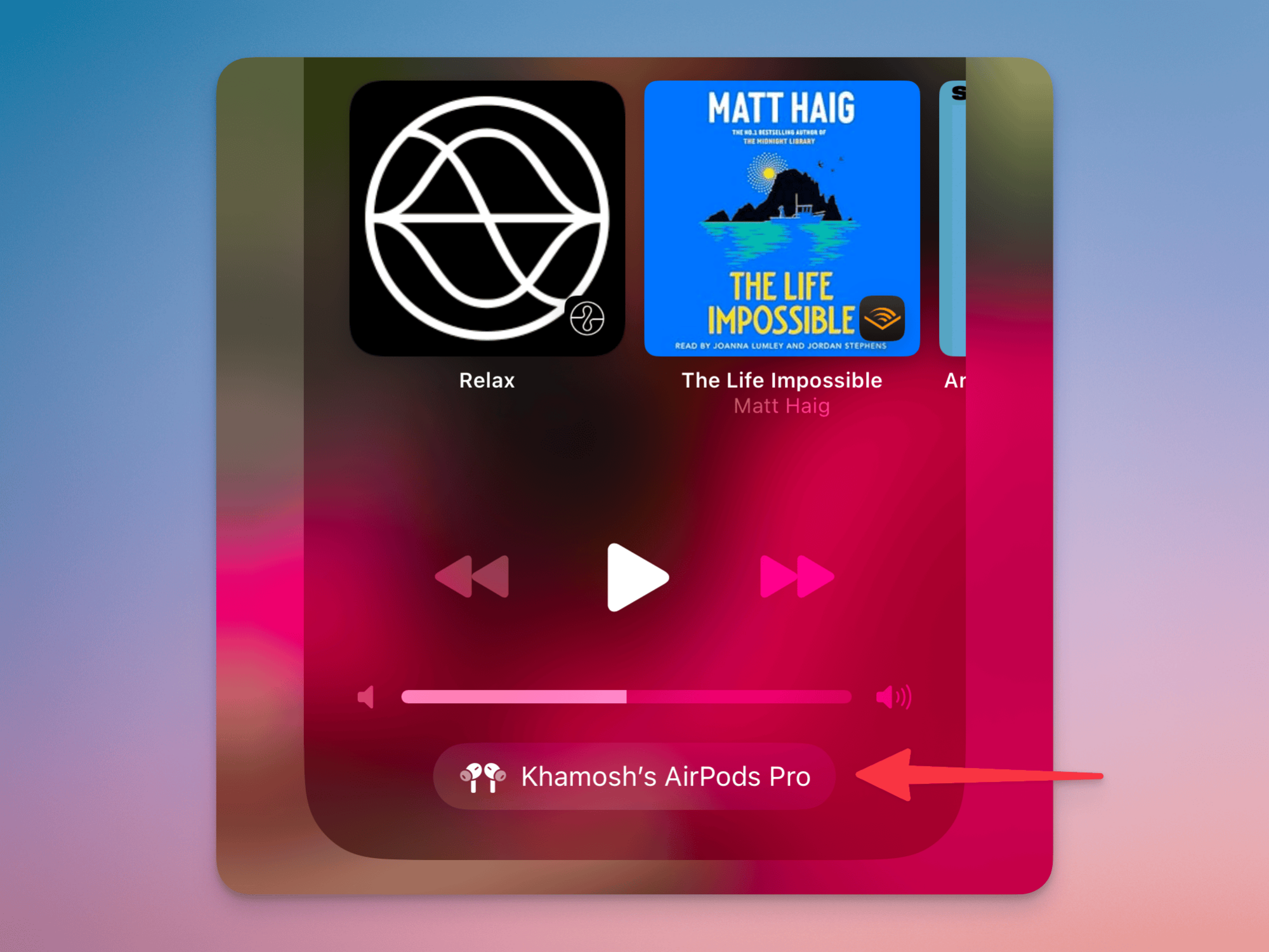 Choix de votre appareil AirPods dans le menu de lecture du Centre de contrôle.