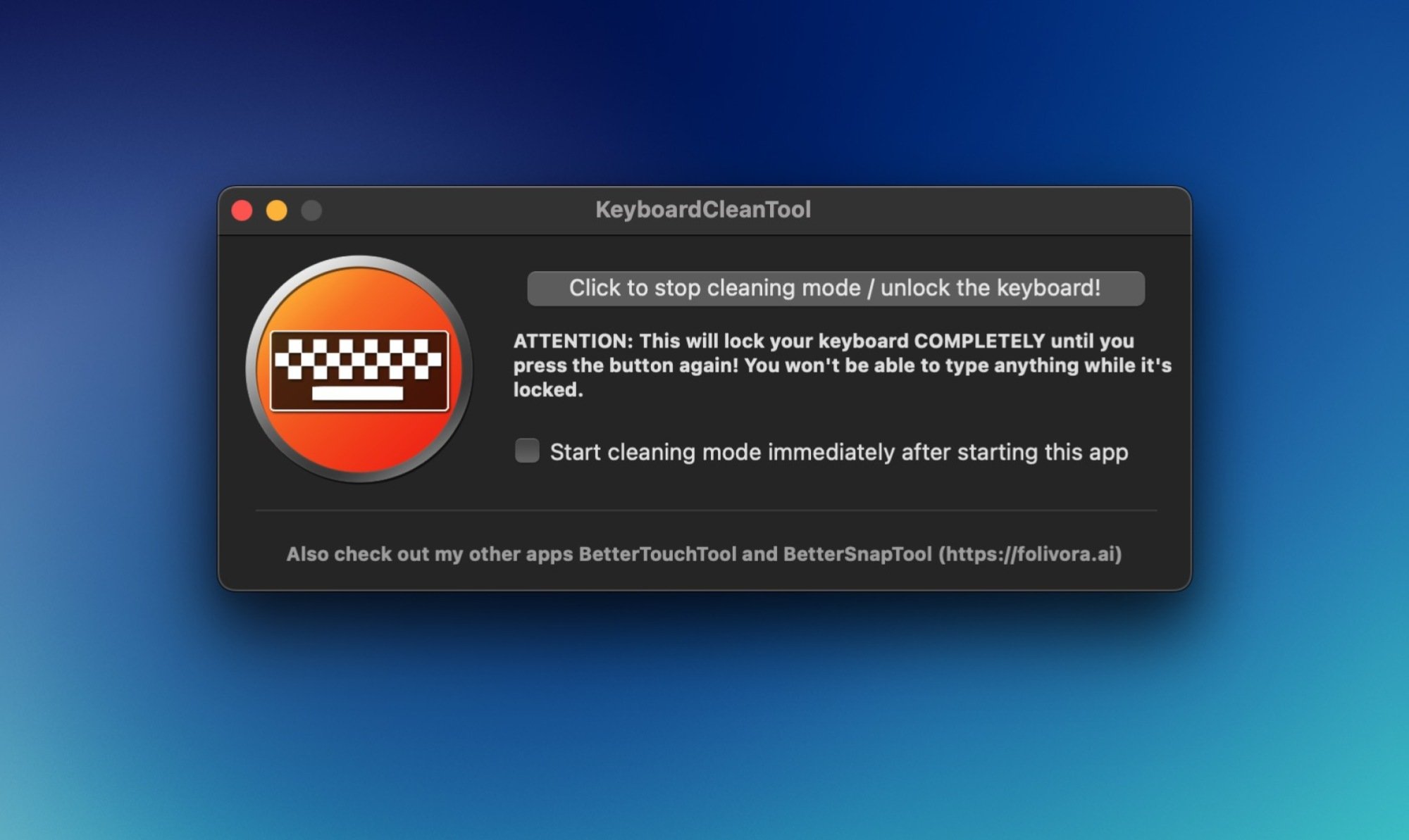 KeyboardCleanTool à l'œuvre sur un Mac. La fenêtre indique que le clavier est désactivé et que vous pouvez appuyer sur une touche pour l'activer à nouveau.