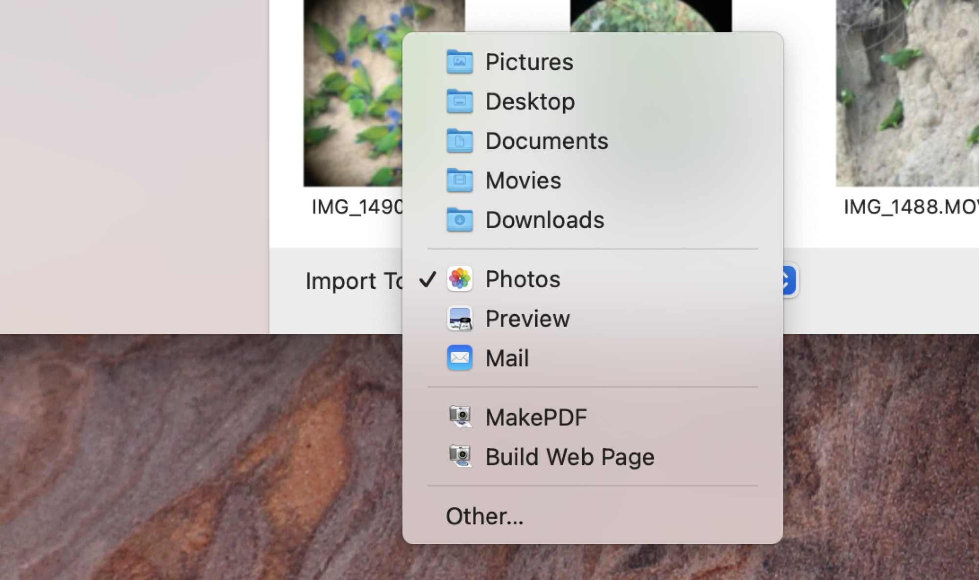 Le menu déroulant importer vous permet de décider quelle photo ou application