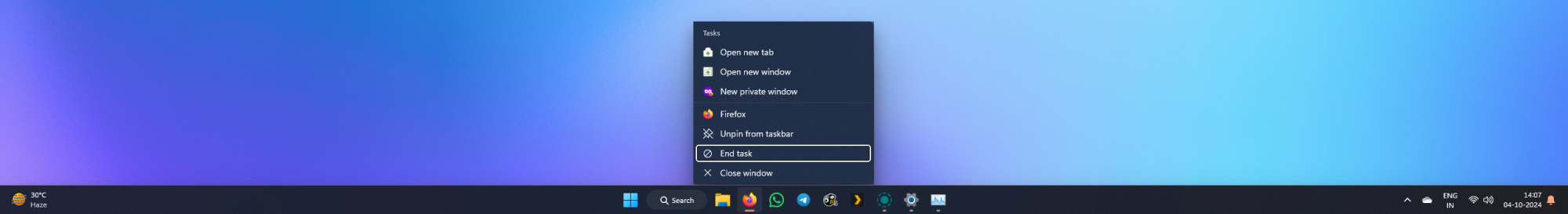 Le bouton Terminer la tâche dans le menu contextuel pour une icône de barre des tâches dans Windows 11.