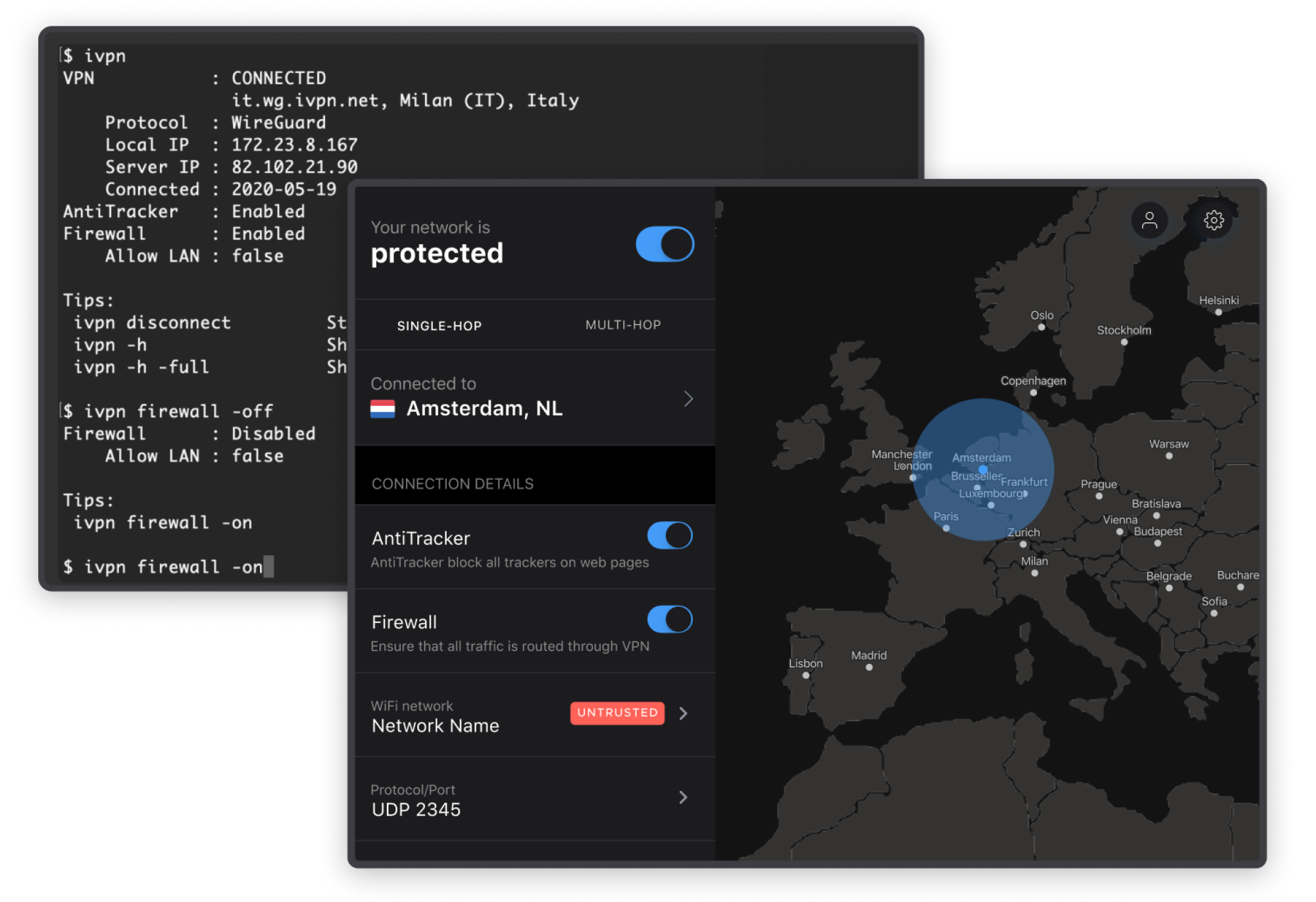 Une capture d'écran d'IVPN, montrant la liste des serveurs et la vitesse de connexion.