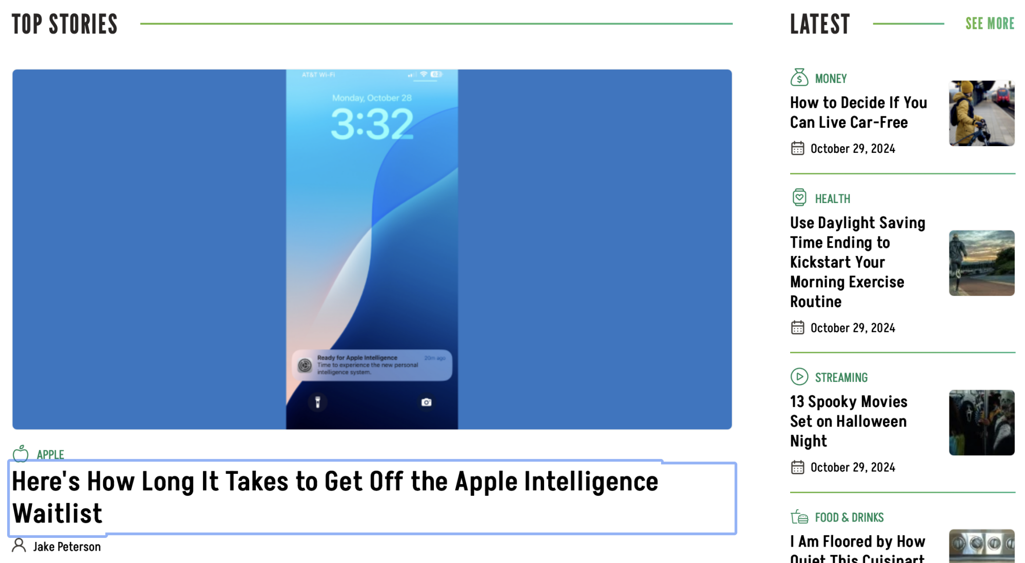 La page d'accueil de Lifehacker. Un cadre bleu entoure l'un des liens.