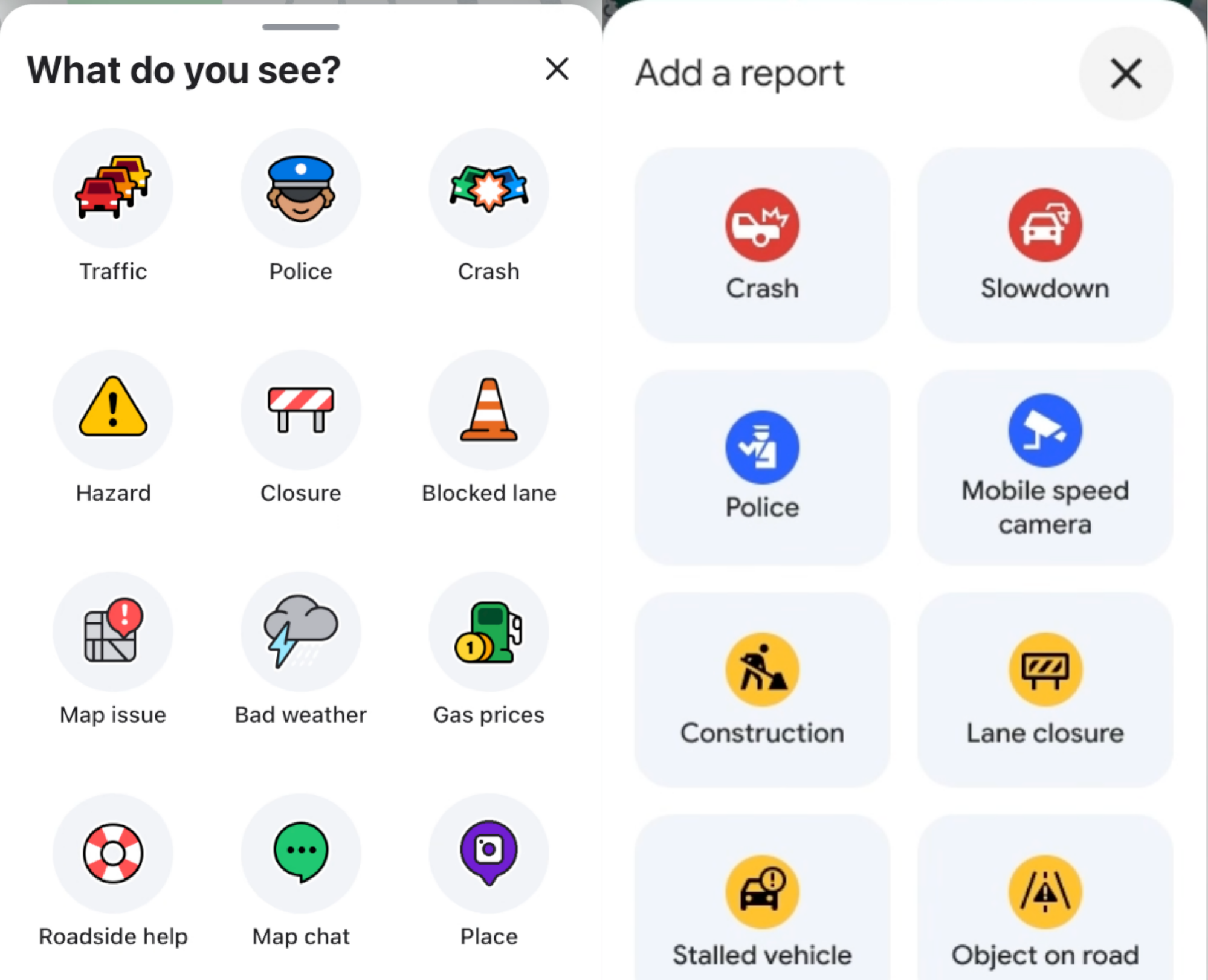 Deux captures d'écran de la fonction de signalement d'incidents : une de Waze et une de Google Maps