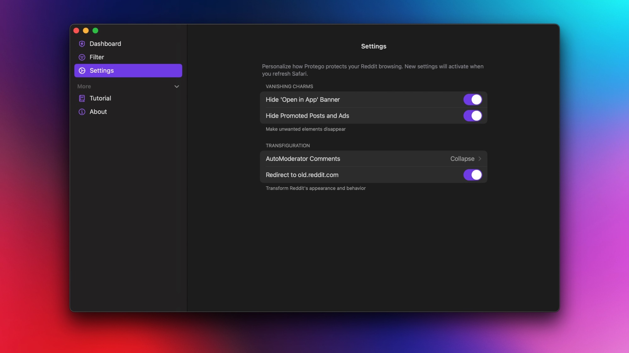L'onglet Paramètres de Protego ouvert dans son application Mac.