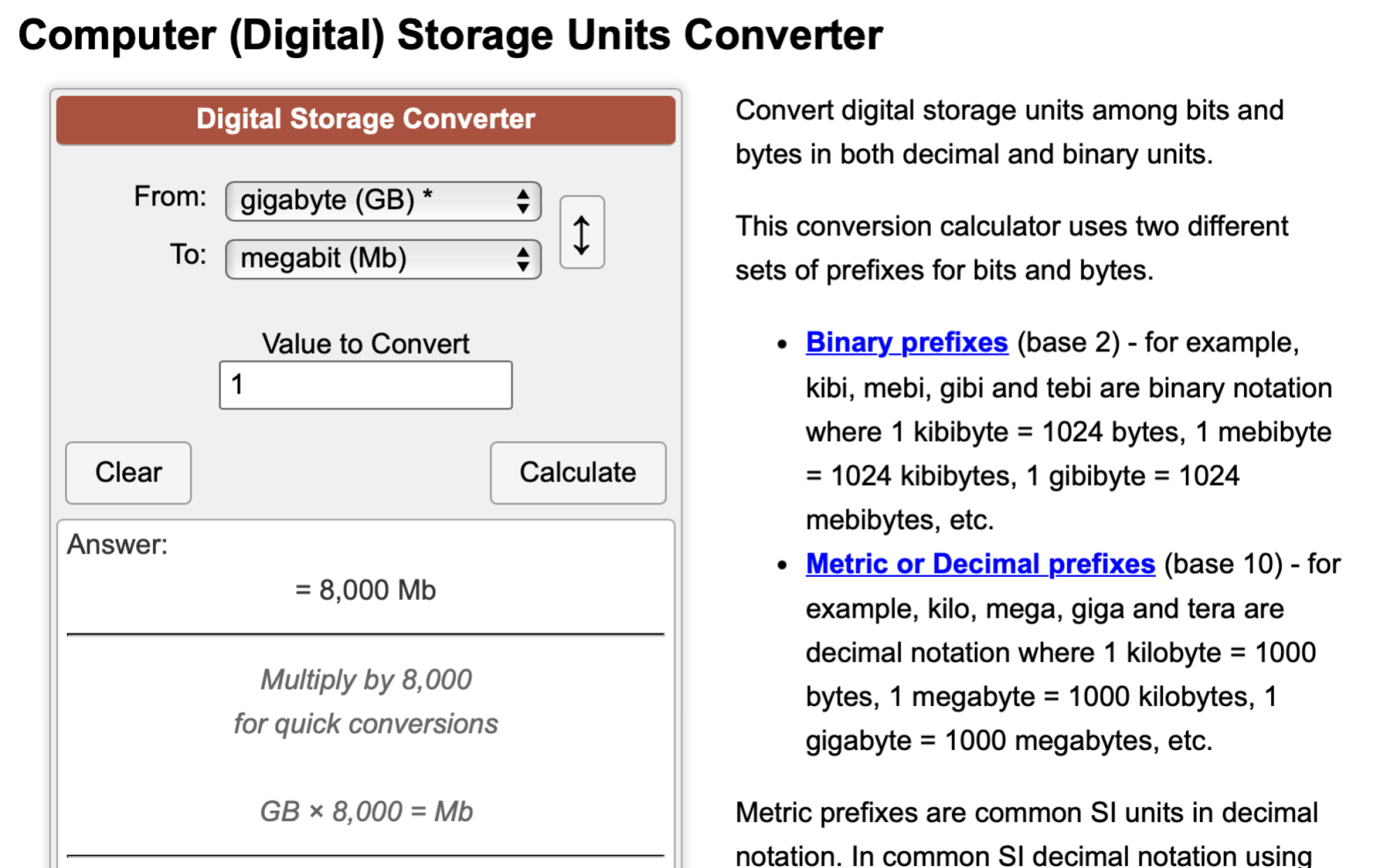 La calculatrice de stockage informatique, montrée ici en train de convertir des gigaoctets en mégaoctets