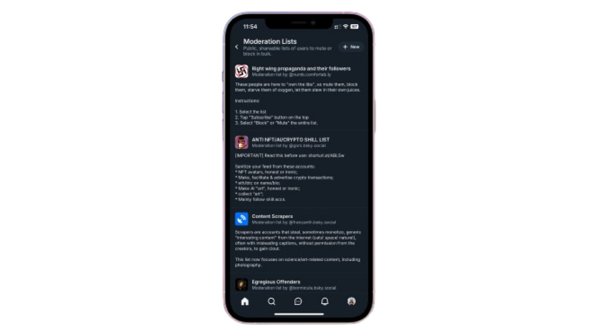 capture d'écran des listes de modération sur Bluesky