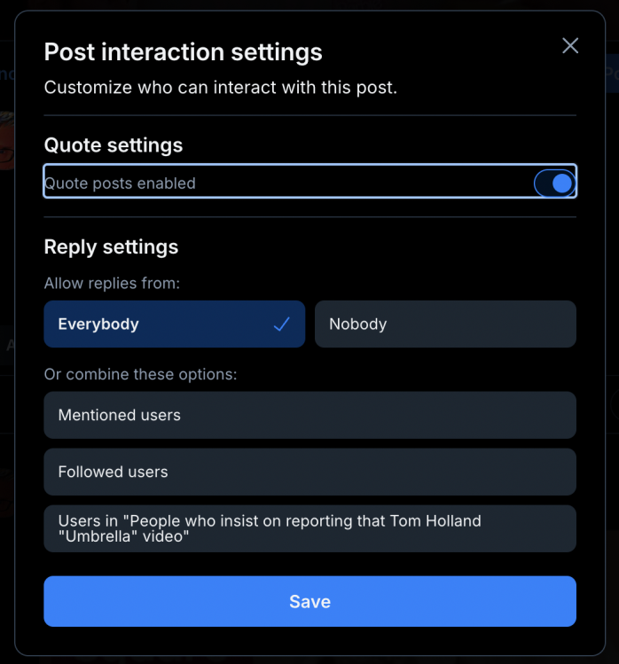 capture d'écran du menu "Tout le monde peut interagir" de Bluesky