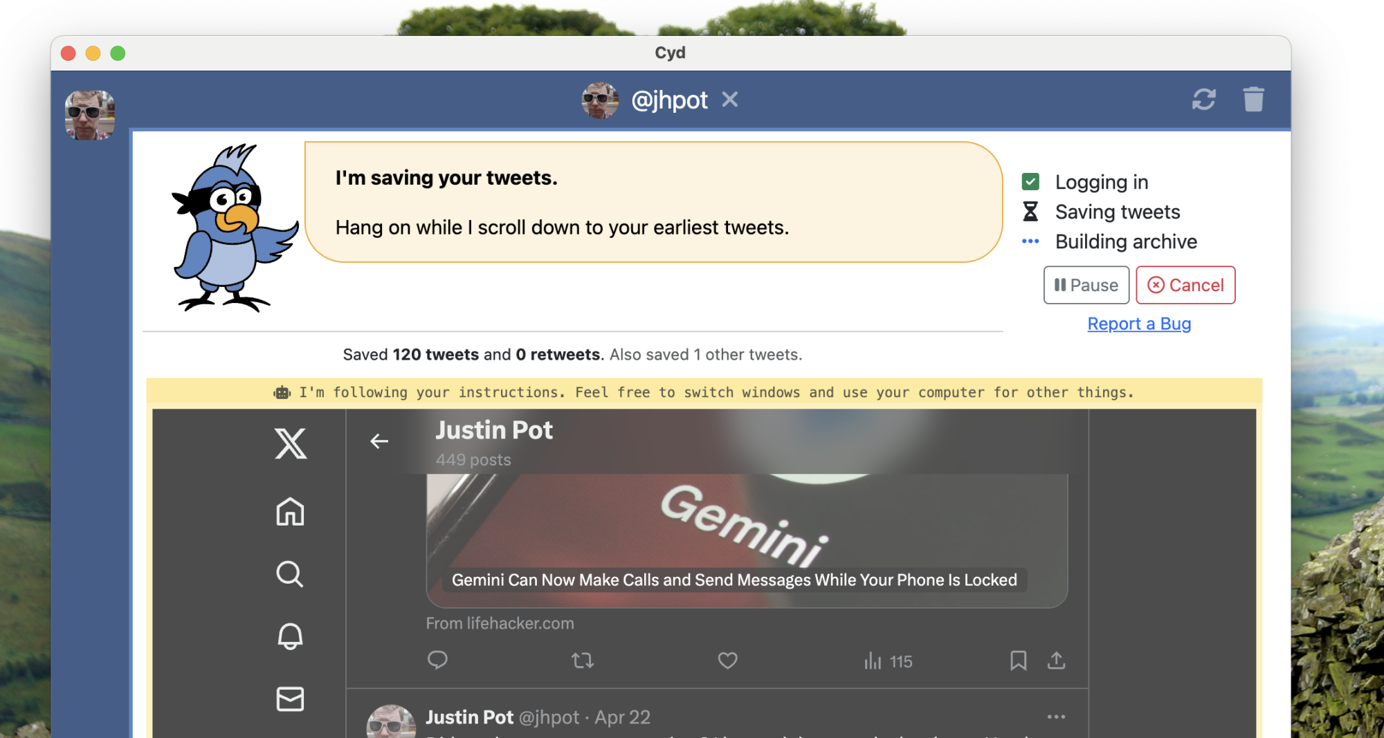 Cyd en train de sauvegarder des tweets. Vous pouvez voir l'application ouvrir les tweets dans une fenêtre de navigateur.