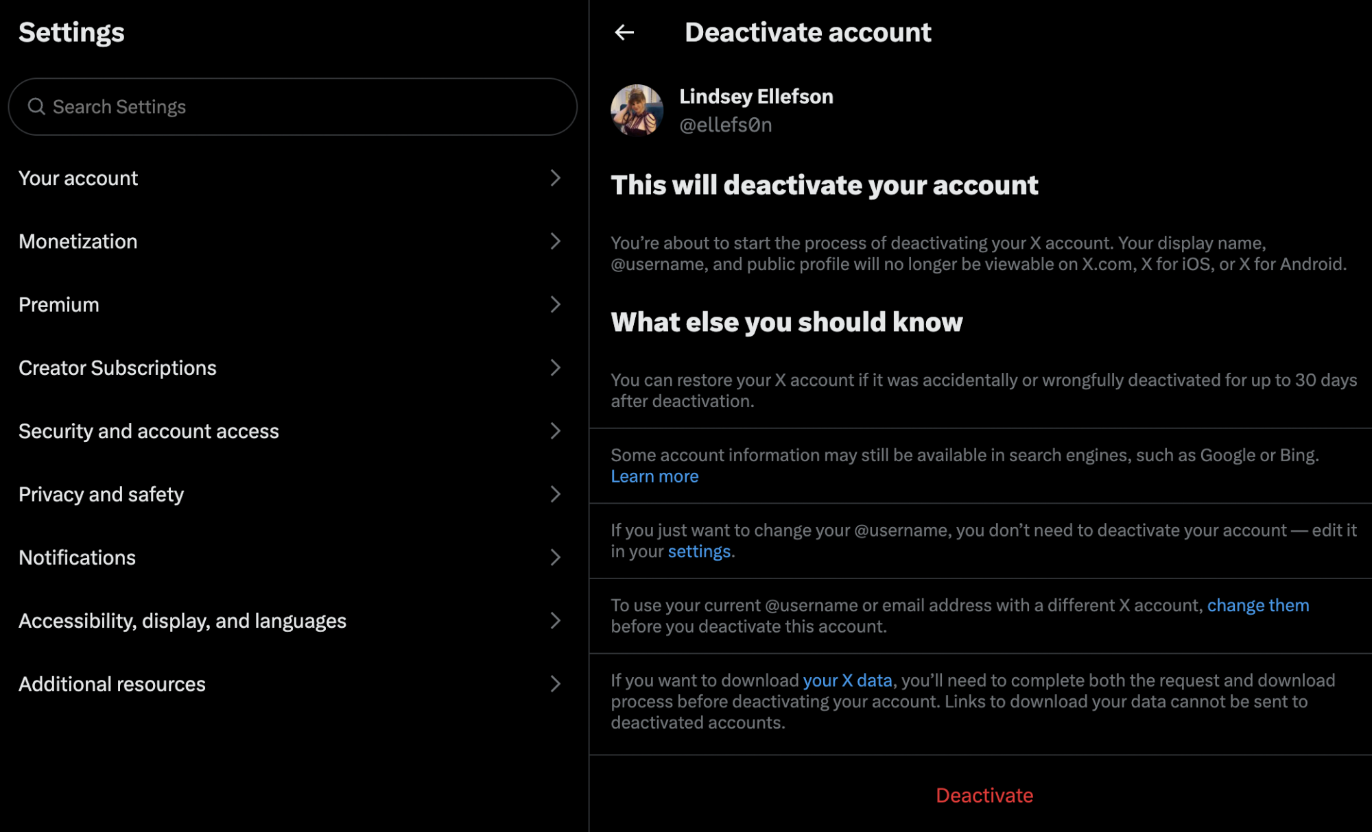 Désactivation du compte X