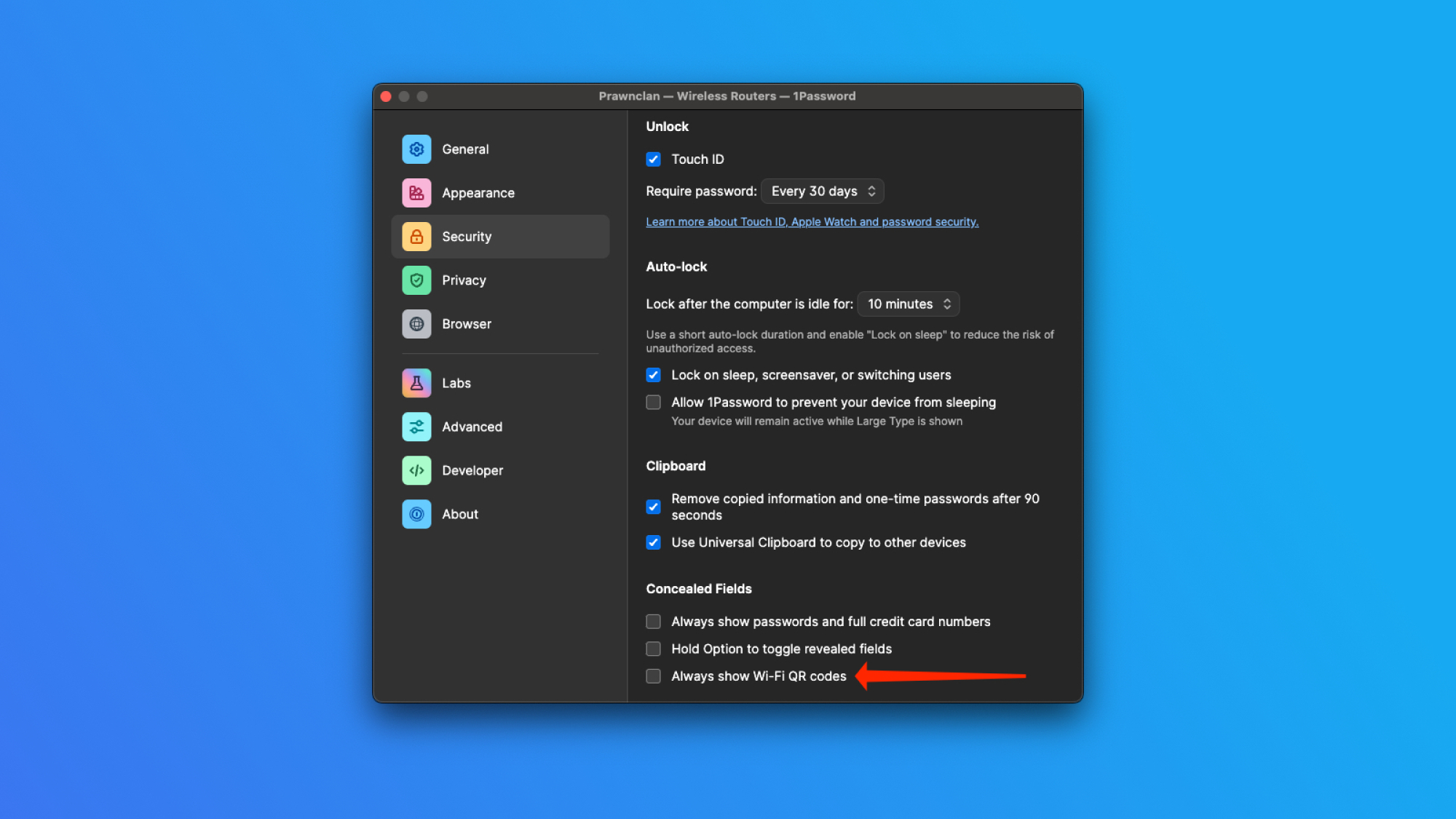Une capture d'écran des paramètres de sécurité de 1Password, avec une flèche montrant l'option intitulée : Toujours afficher les codes QR Wi-Fi.