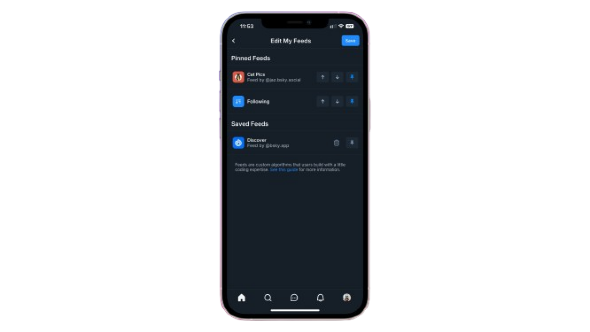 capture d'écran des flux personnalisés dans l'application Bluesky