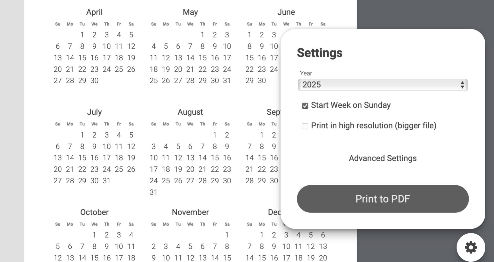 Un calendrier annuel, complet avec tous les mois, est affiché. Un superposition permet à l'utilisateur de le personnaliser.