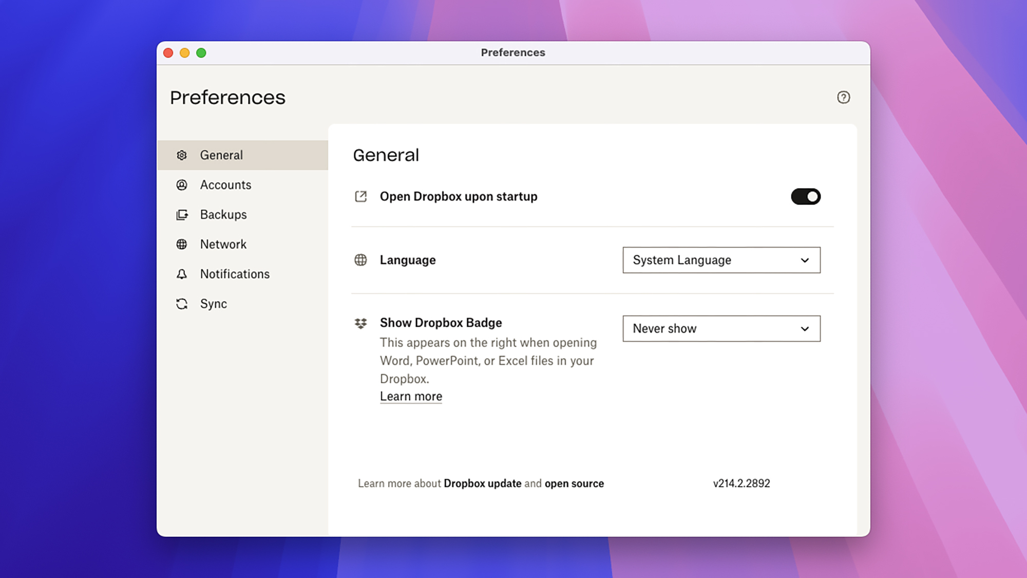 Préférences Dropbox