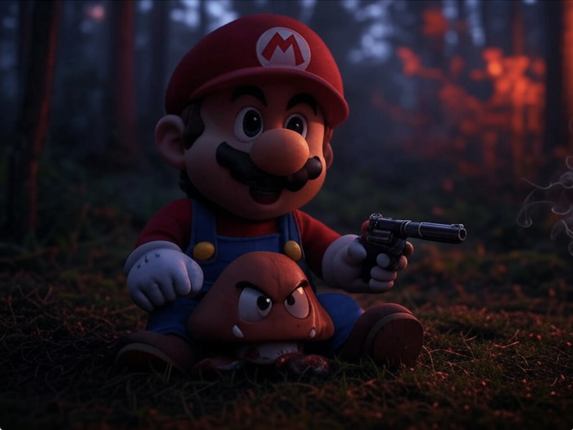 mario holding a gun with a goomba