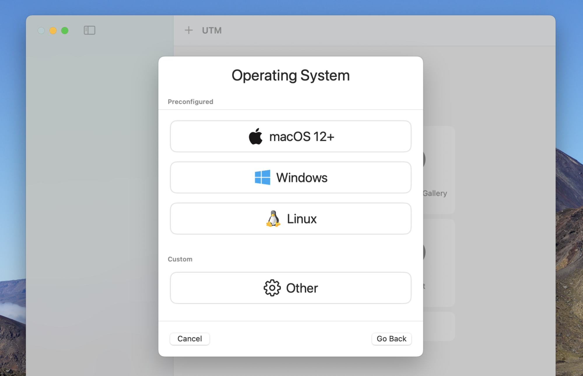 Une fenêtre demandant quel système d'exploitation—macOS, Windows ou Linux l'utilisateur souhaite installer.