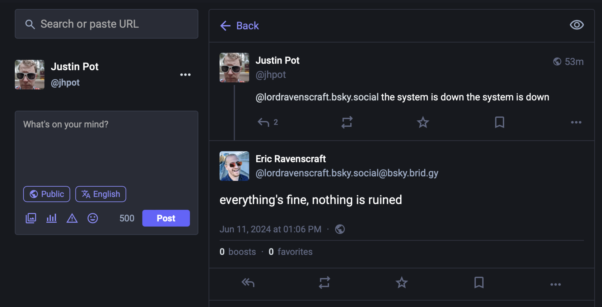 Capture d'écran d'une conversation sur Mastodon. Je dis "@lordravenscraft.bsky.social le système est en panne le système est en panne" et Eric, de Bluesky, répond "tout va bien, rien n'est ruiné"