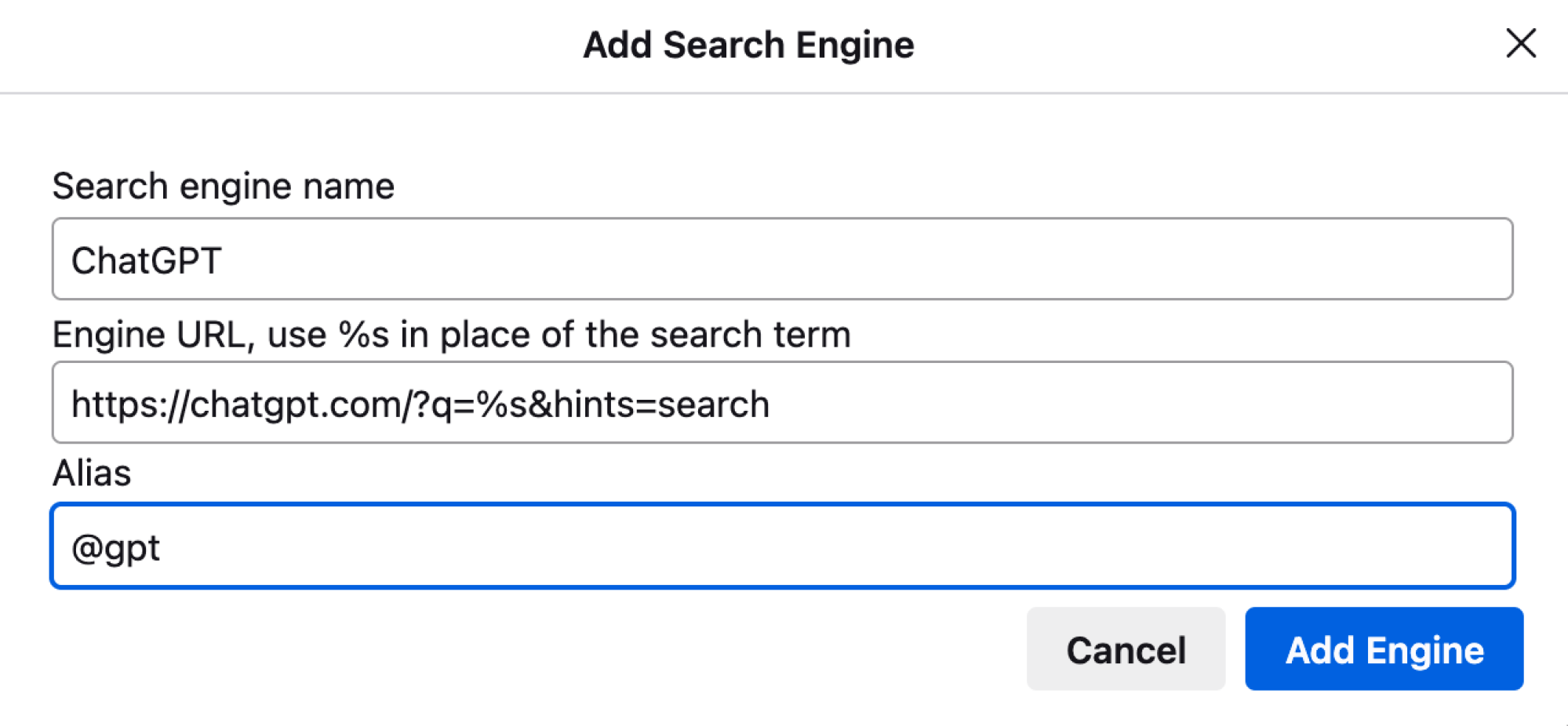 Ajout de ChatGPT comme recherche de site dans Firefox.