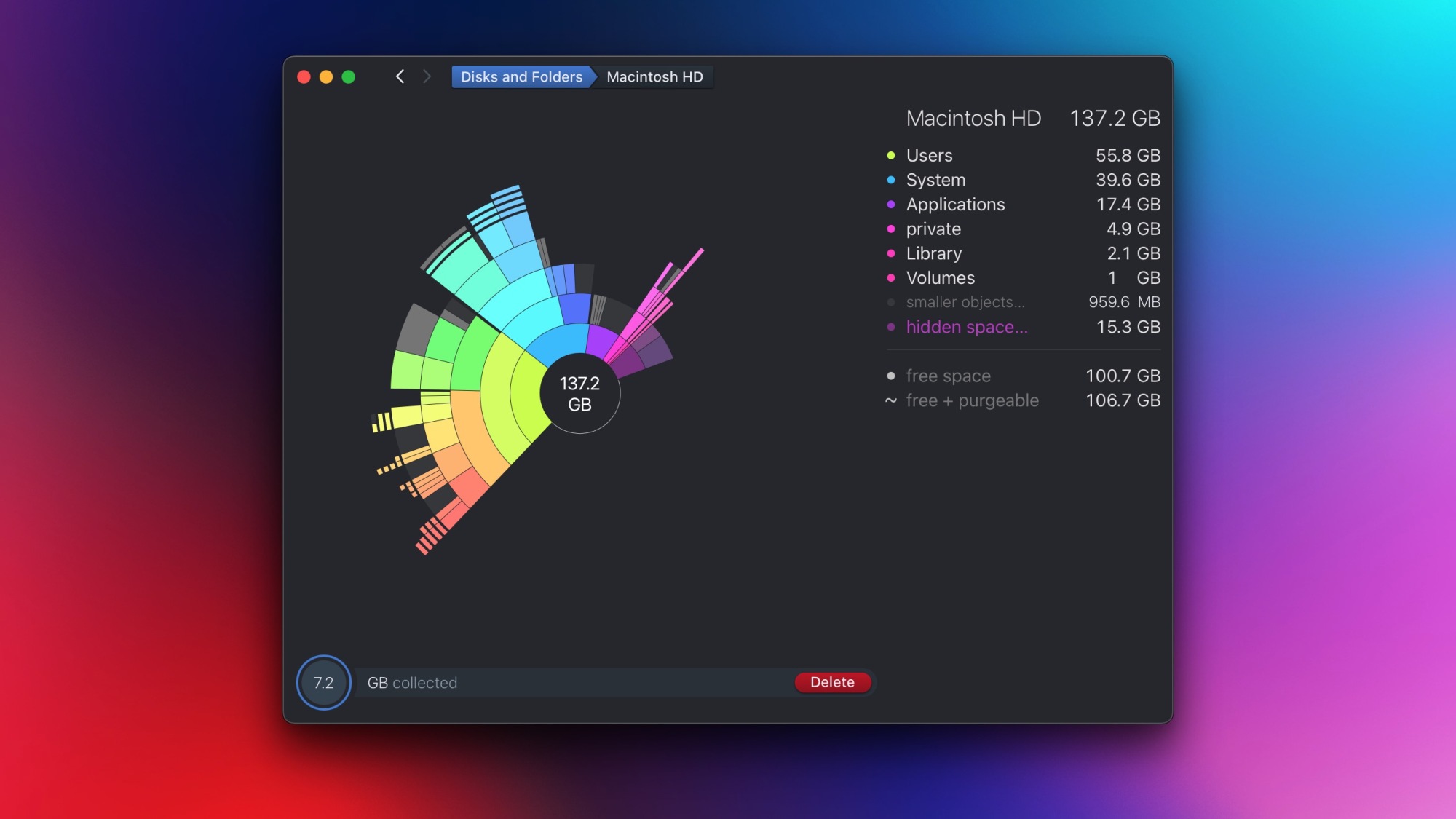 DaisyDisk montrant 137 Go d'espace occupé sur un Mac et 7,2 Go dans le panier de suppression ci-dessous.