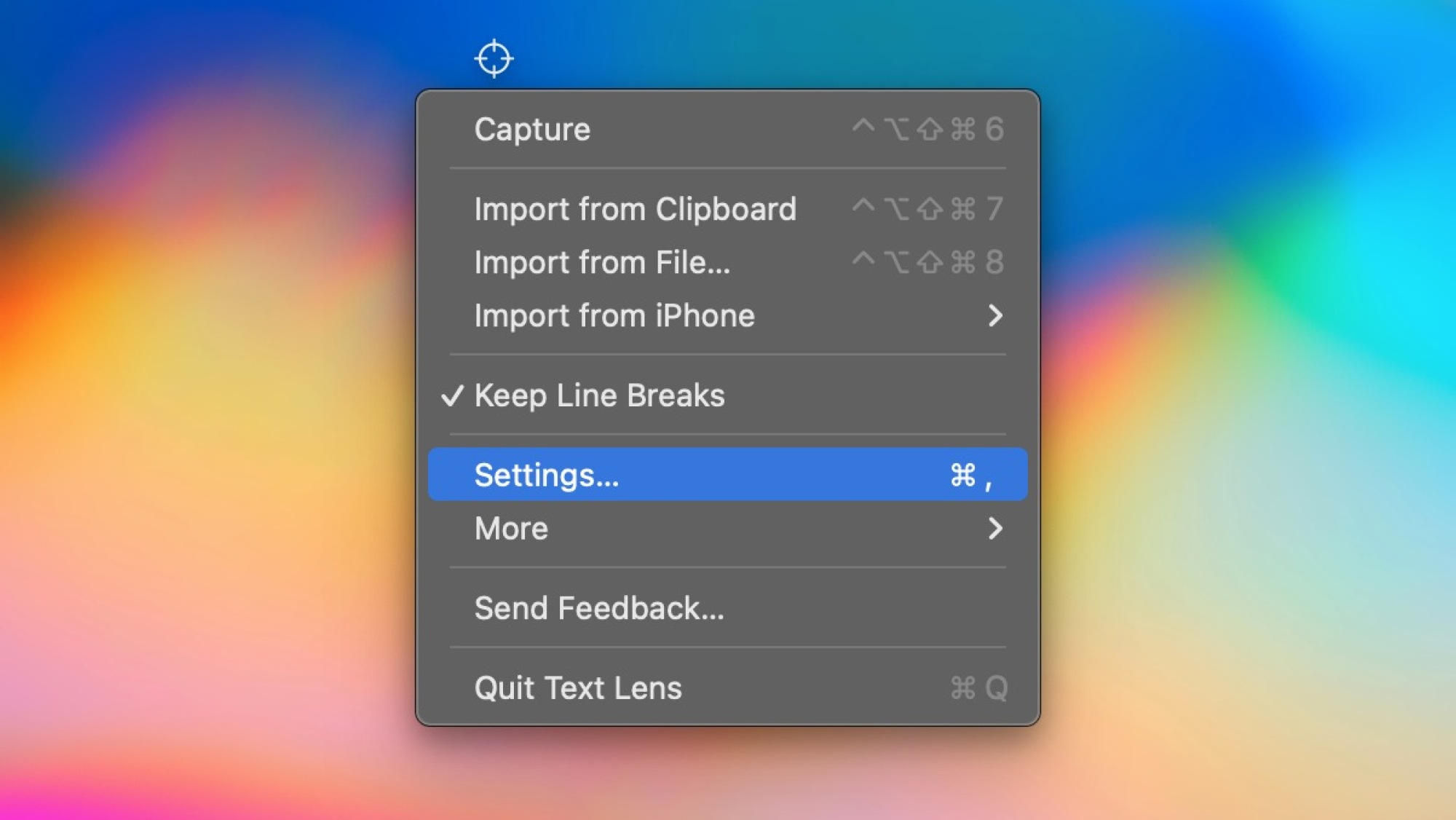 Text Lens ouvert dans la barre de menu du Mac.