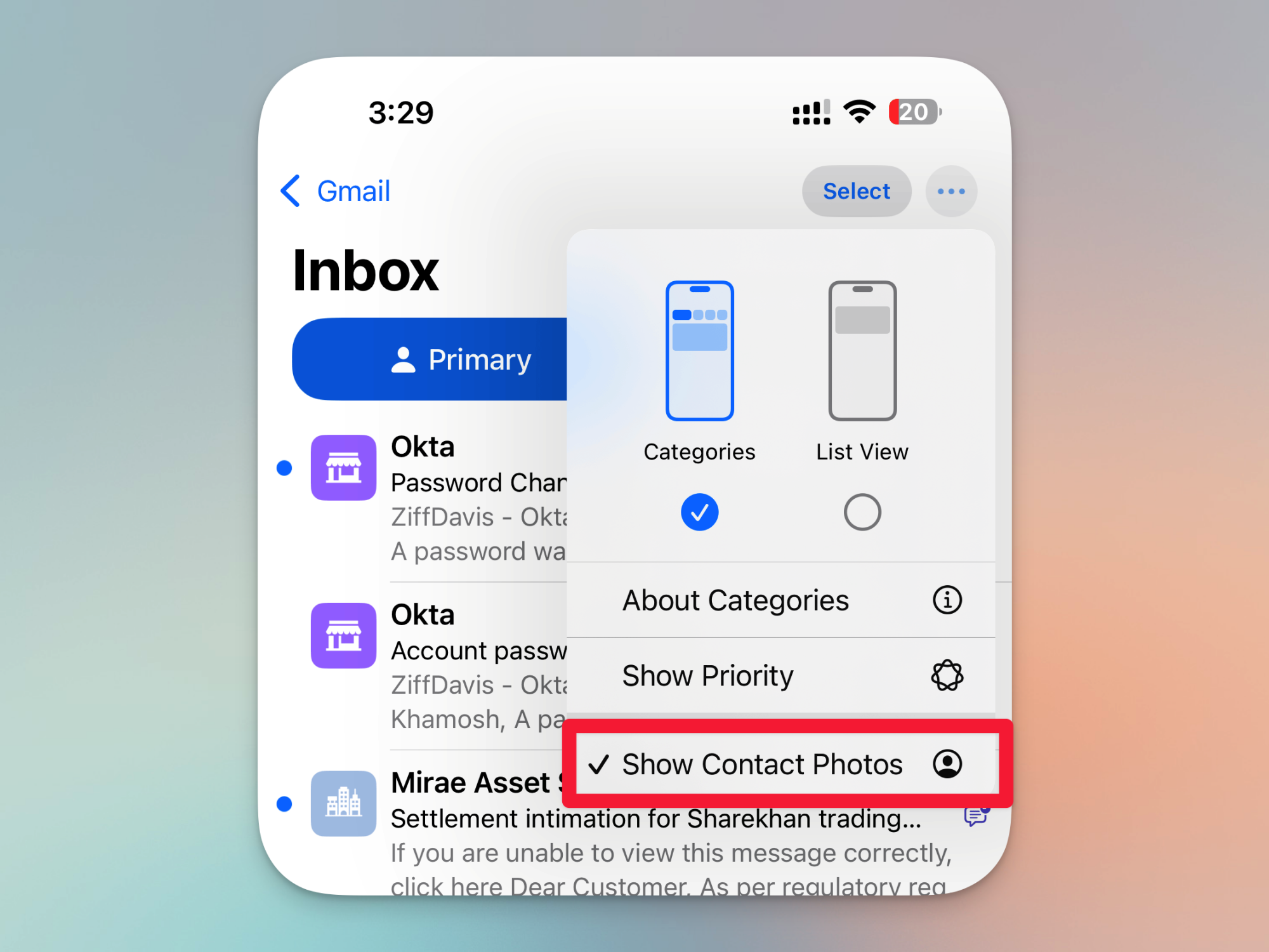 Désactiver Afficher les photos de contact dans l'application Mail.