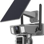 4MP Triple Lens Solar Camera with 128GB Memory Card, 10X Zoom Wireless Outdoor Cameras for Home Security, WiFi 2.4GHz, PIR, Projector with Siren, 12000mAh Battery, Visi