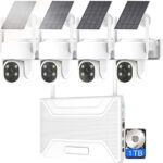 AKAVIG Solar Powered Home Security Camera System with 4 Cameras and 1T Hard Drive, 4MP Wireless WiFi Surveillance NVR Kit for Outdoor with Two Way Audio