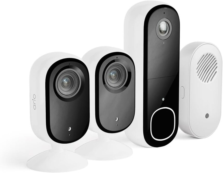 Arlo Essential 2 Kit, 2 Indoor Cameras + 2K Doorbell + Chime, Wireless WiFi Surveillance Camera, Wireless Outdoor or Indoor, Secure Test Included, White