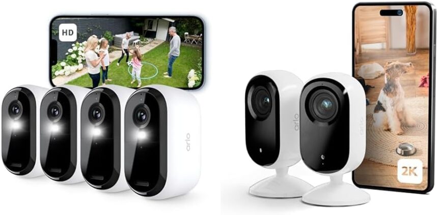 Arlo Essential 2 HD, Wireless Outdoor WiFi Surveillance Camera, 6 Months Battery Life, Night Vision Colour, Secure Test Included, 4 White Cameras + Essential 2 Indoor 2K, 2 White Cameras