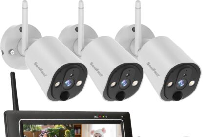 SecuFirst 2K Wireless WiFi Surveillance Camera Kit with Monitor, DVR 7 Inch Touch Screen + 4X Camera Babyphone Work Without Internet, AI Motion Detector, Siren, 64 GB SD, Intercom