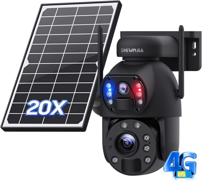 SHIWOJIA 20X Zoom 4G Outdoor Camera 360° PTZ Solar SIM Camera with Dual Lens, Rechargeable Battery, Color Night Vision, PIR Intelligent Detection