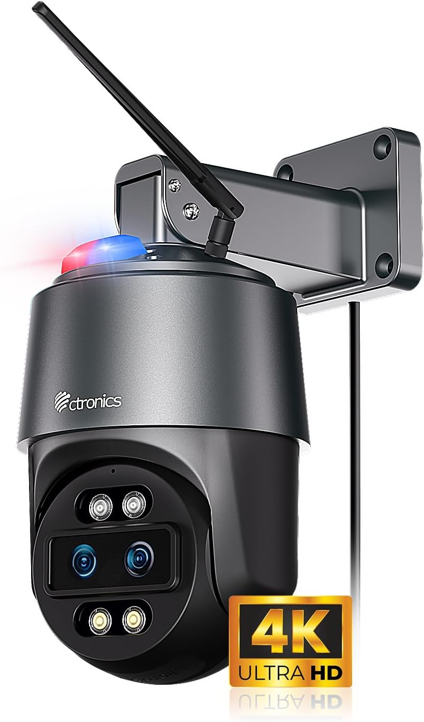 Ctronics [10X Hybrid Zoom] 4K Outdoor Surveillance Camera, Dual Lens, Automatic Tracking, 2.4/5GHz WiFi, 256GB/Cloud/FTP, Night Vision Colour, Human/Vehicle/Animal Detection